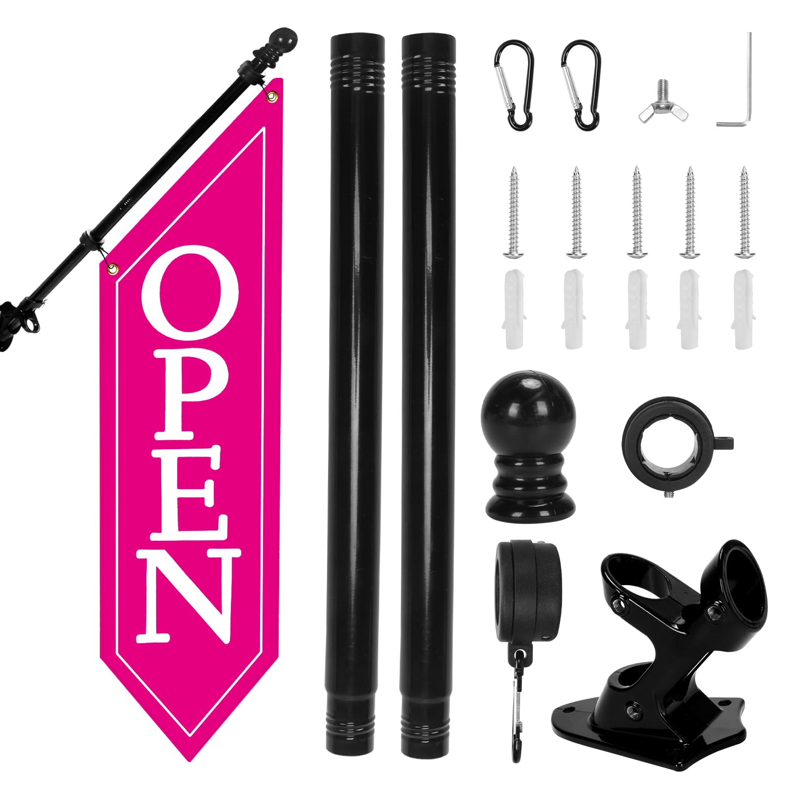 OPEN Flag with Pole Kit - Heavy Duty Canvas Open Banner for Business Storefront, 42x12 Inch Outdoor Double-Sided Sign with Bracket - Advertising