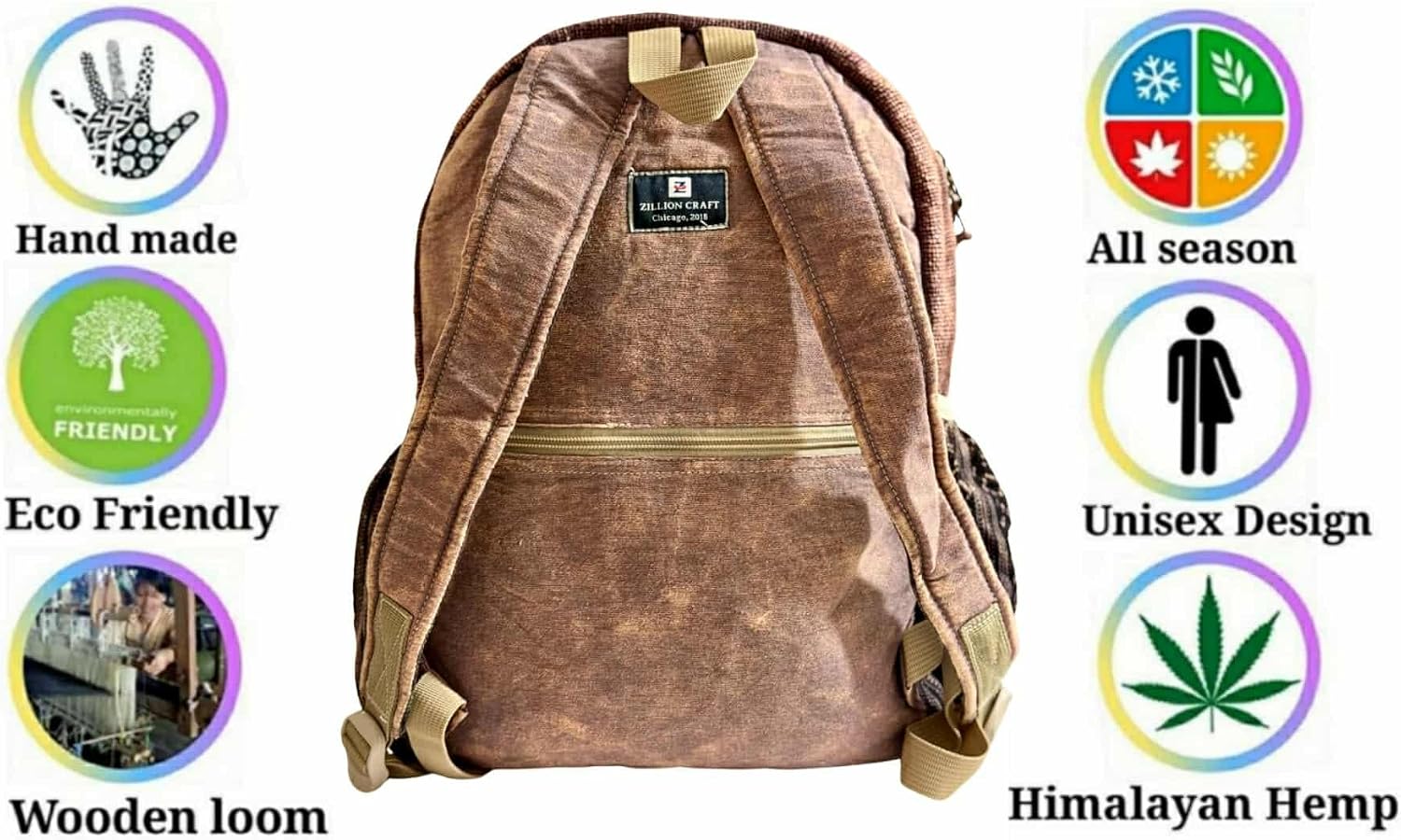 Classic back pack made from 100% natural Hemp and gheri cotton | Hand made stone washed bag for Laptop, College, Travelling. Durable and light weight back pack.