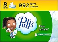 Puffs Plus Lotion Facial Tissues, 8 Family Boxes, 124 Sheets/Box - Soothe Sore Noses for Allergies & Colds