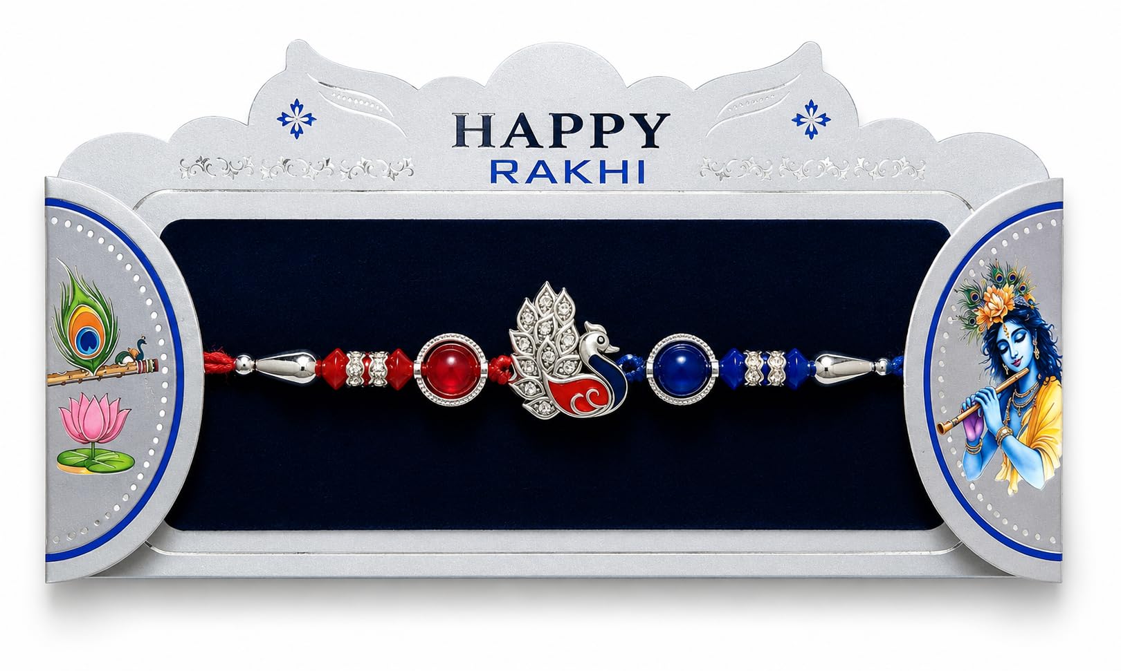 Peacock Rakhi with Red and Blue Beads and Tassels-image-36