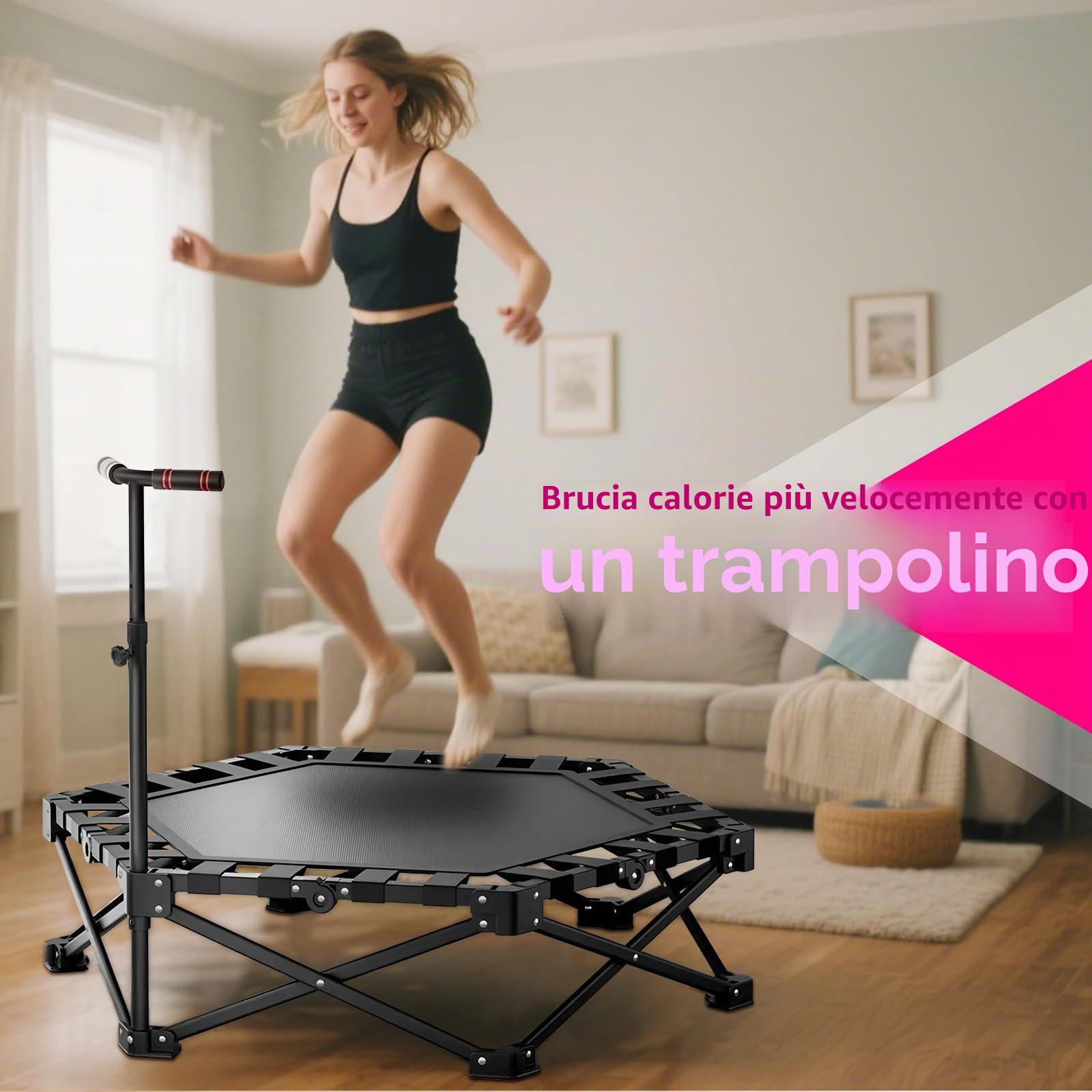 Mini Trampolino Fitness per Adulti, Trampolino Pieghevole da Interno All'aperto con Maniglia Regolabile, Ideale per Saltare e Allenarsi, Non Richiede Installazione, Carico Massimo 330 lb
