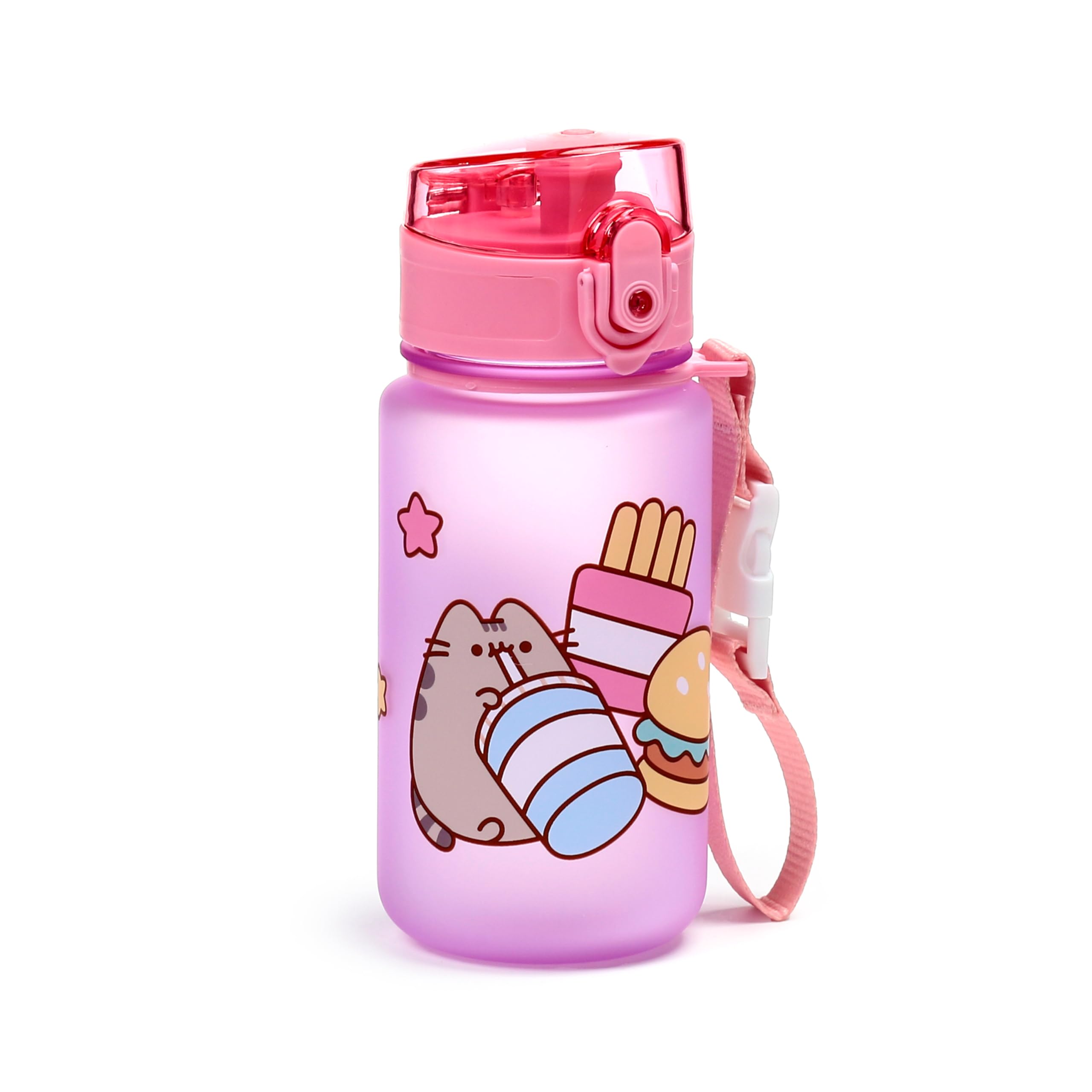 Puckator Pusheen the Cat Foodie Pop Top 350ml Shatterproof Bottle - Reusable Insulated Active Water Bottle Flask For Girls And Boys With A Carry Handle & Straw - Bpa Free - For School Nursery