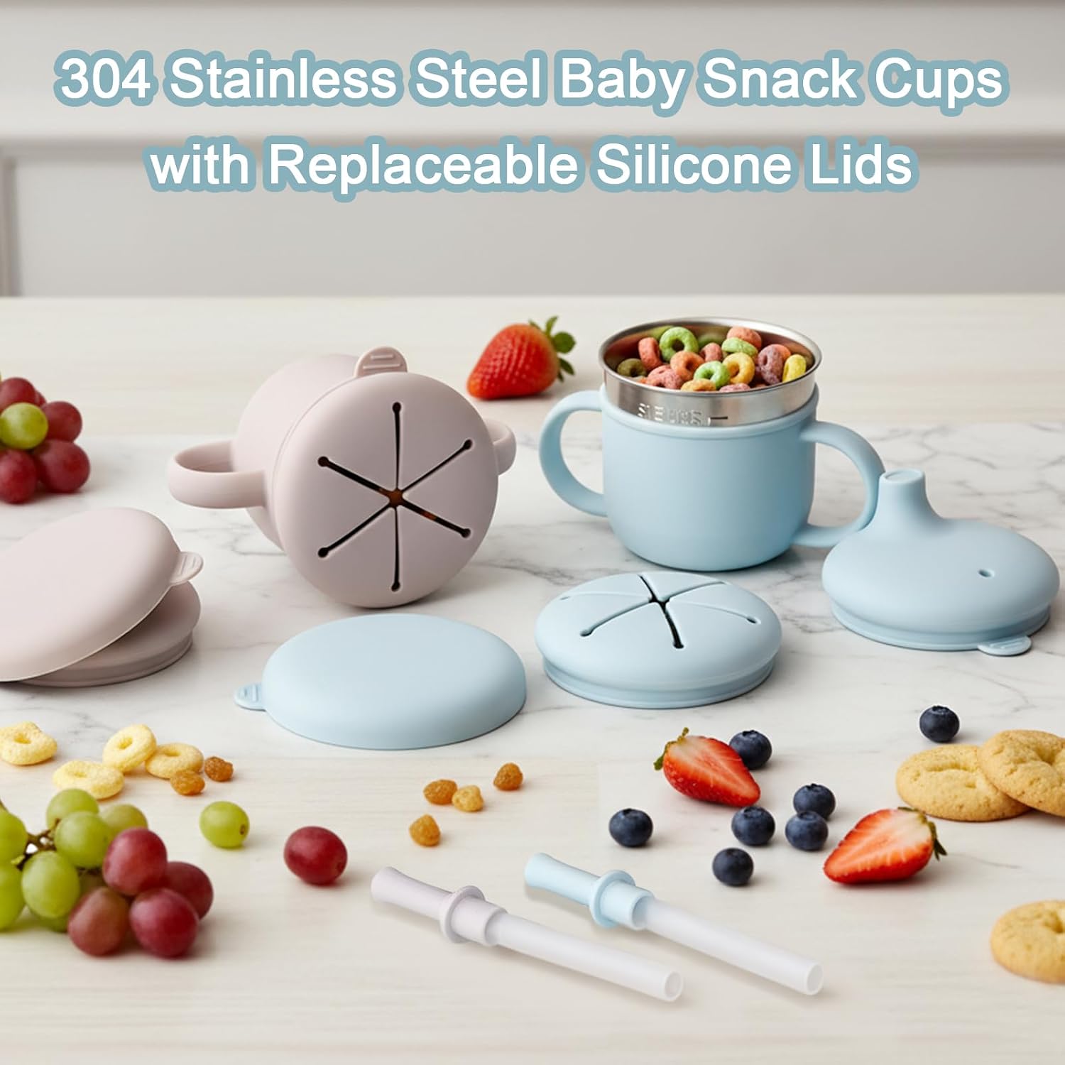 2 Pack Stainless Steel Toddler Snack Cups No Spill, 10oz BPA-Free Detachable Snack Cups with Silicone Lids, Reusable Multifunctional Snack Containers for Toddler and Baby