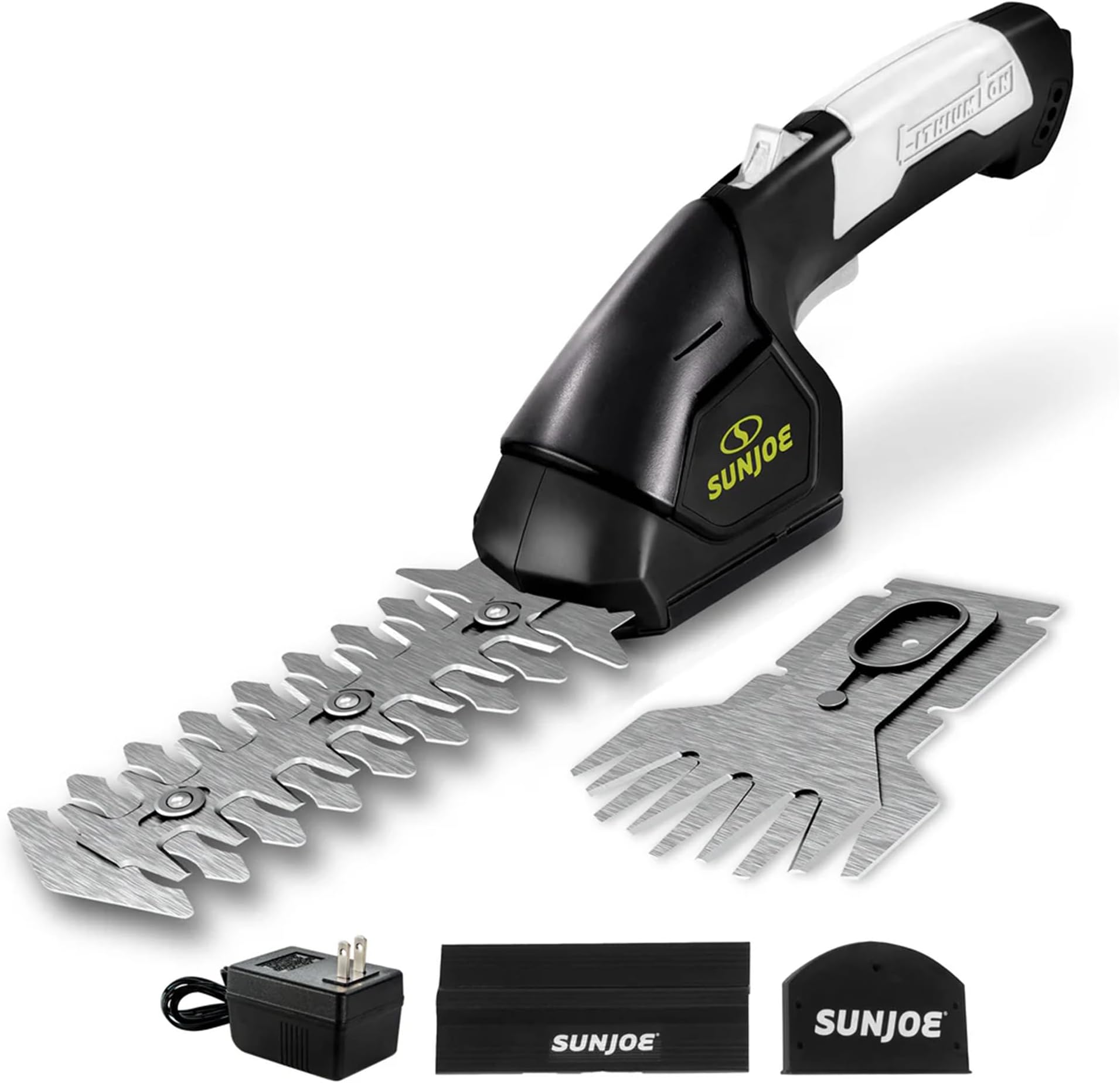 2 in 1 Cordless 7.2V Handheld 4" Grass Shear and 6" Hedge Trimmer, Battery Powered, Built-in Safety Switch and Blade Safety Cover