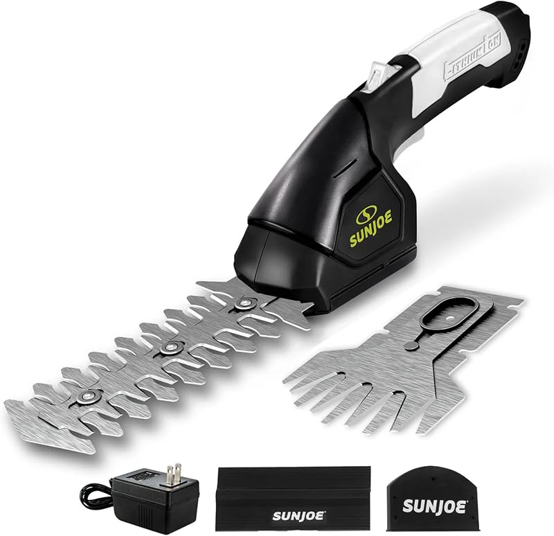 Sun Joe Cortasetos inalámbrico 2 en 1, 7,2 V, hoja de 4 pulgadas/6 pulgadas | Recortadora portátil de uso liviano para bordes de césped y arbustos pequeños. Batería de 1,5 Ah, se carga en 3-5 horas. 2,1 libras