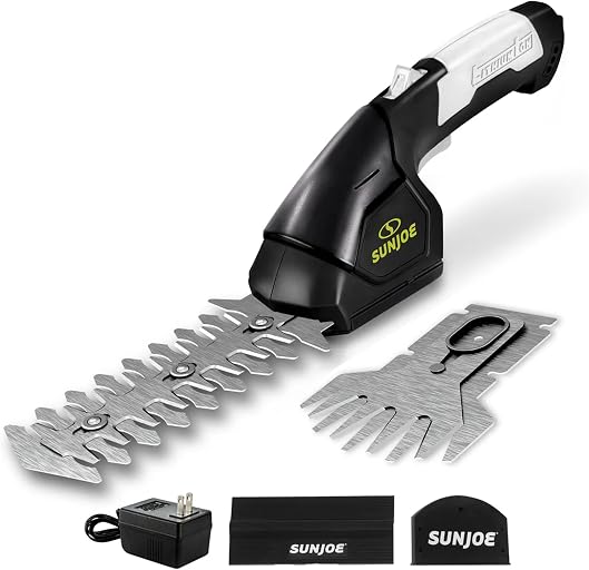 Sun Joe 2 in 1 Cordless 7.2V Handheld 4" Grass Shear and 6" Hedge Trimmer, Battery Powered, Built-in Safety Switch and Blade Safety Cover