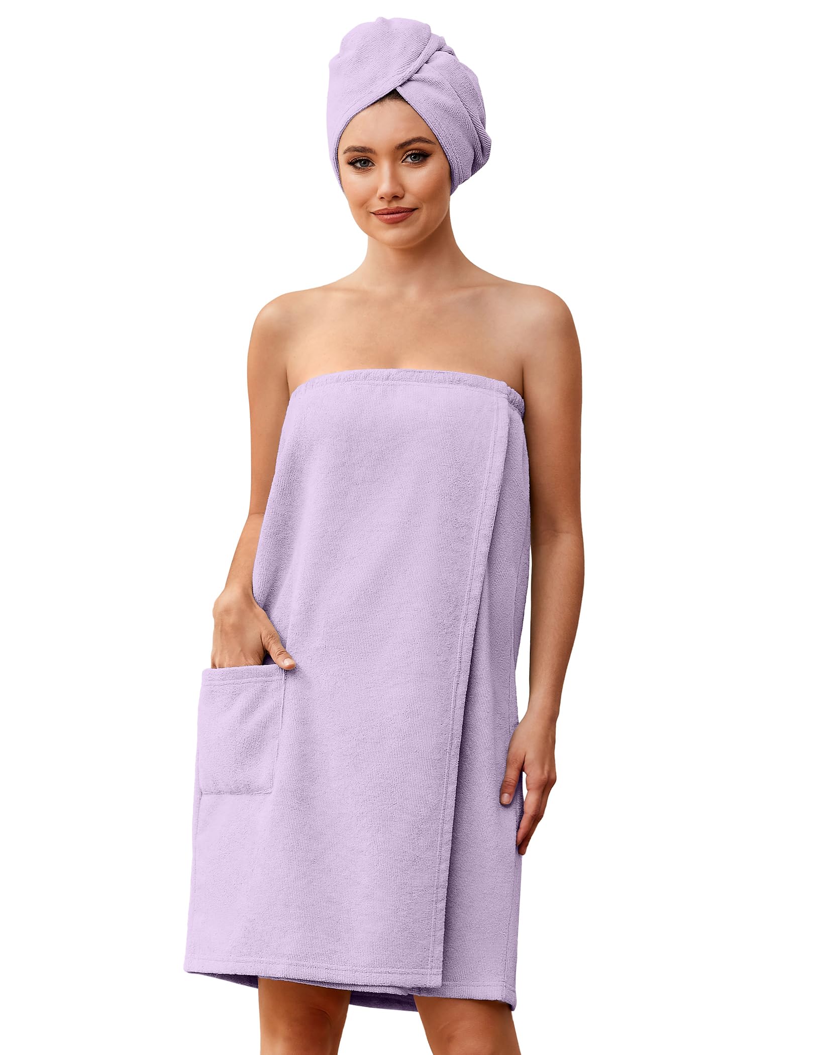Ekouaer Towel Wrap for Women with Hair Towel Lightweight Knee Length Spa Body Bath Adjustable Closure Bathrobe with