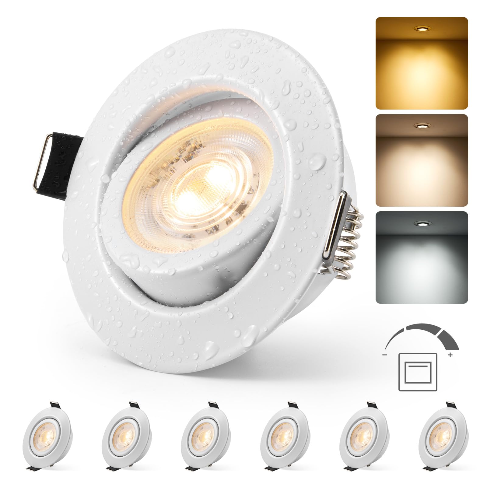 HOMEOW Reflektor LED do zabudowy łazienkowej ściemniany biały, regulowany biały, bardzo płaski otwór 68 mm - 80 mm IP44 6W 230 V, reflektor sufitowy do kuchni, salonu, sypialni, ciepła biel/neutralna