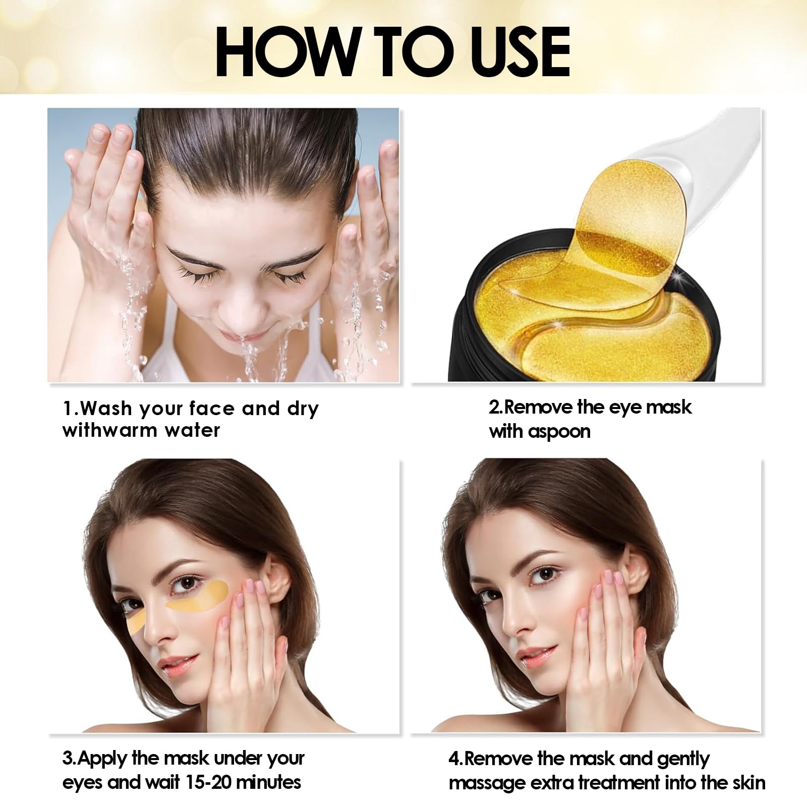 60 Patch Gold Masque Pour Les Yeux, Patch Anti Cernes Yeux, Contre les poches, cernes et rides, Hydratant, aide à soulager la fatigue, Soin éclaircissant du contour des yeux pour Femmes et Hommes