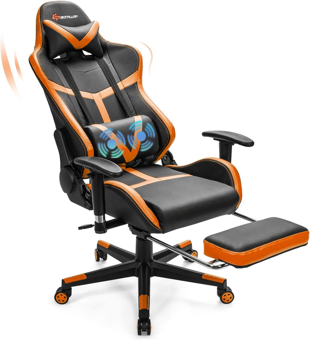 Goplus Gaming Chair, Massage Office Chair Computer Gaming Racing Chair, High Back PU Leather Adjustable Ergonomic Reclining PC Game Chair, Rolling Swivel Executive Chair with Footrest (Orange)