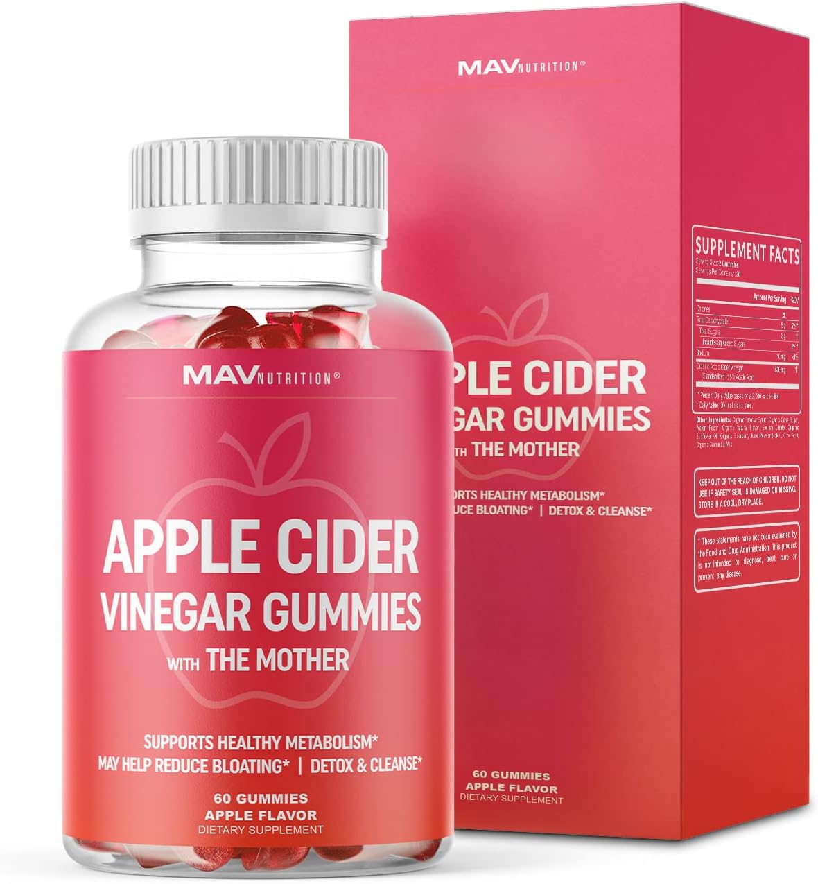 MAV Nutrition Apple Cider Vinegar Gummies with Vitamin B6, B12 & Folic Acid | Detox Cleanse, Weight Loss, Energy Boost & Immunity Dietary Supplement | 60 ACV Gummies with The Mother : Health & Household