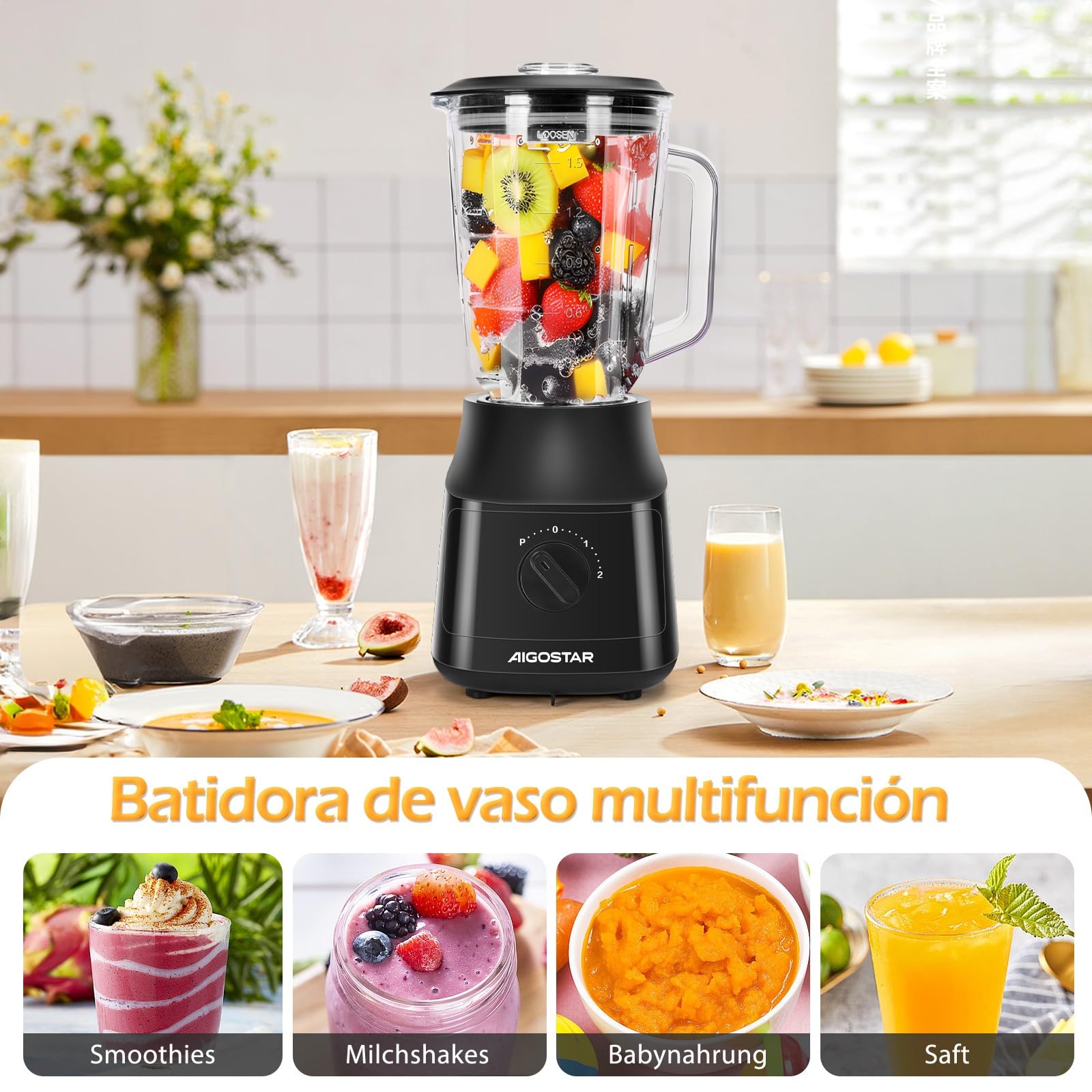 Aigostar Swift - Batidora de Vaso, Capacidad 1.5L, 800W, Tritura Hielo, Licuadora con 4 Cuchillas con Recubrimiento de Titanio, 2 Velocidades + Turbo y Función AutoClean. Libre de BPA