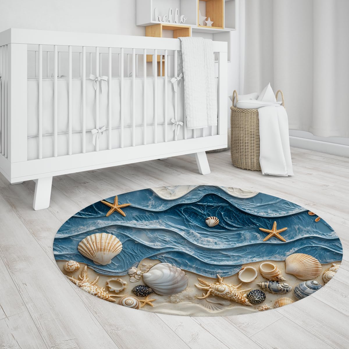 Alfombras redondas náuticas playa 100cm Olas 3D océano concha estrella mar alfombrilla lavable antidesl fina plegable pelo bajo resist manchas para Salón Baño