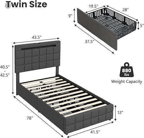 Miniatura 2 de KOMFOTT Base de cama matrimonial con estación de carga y luces LED, base de cama tapizada con cabecera ajustable y 4 cajones de almacenamiento,