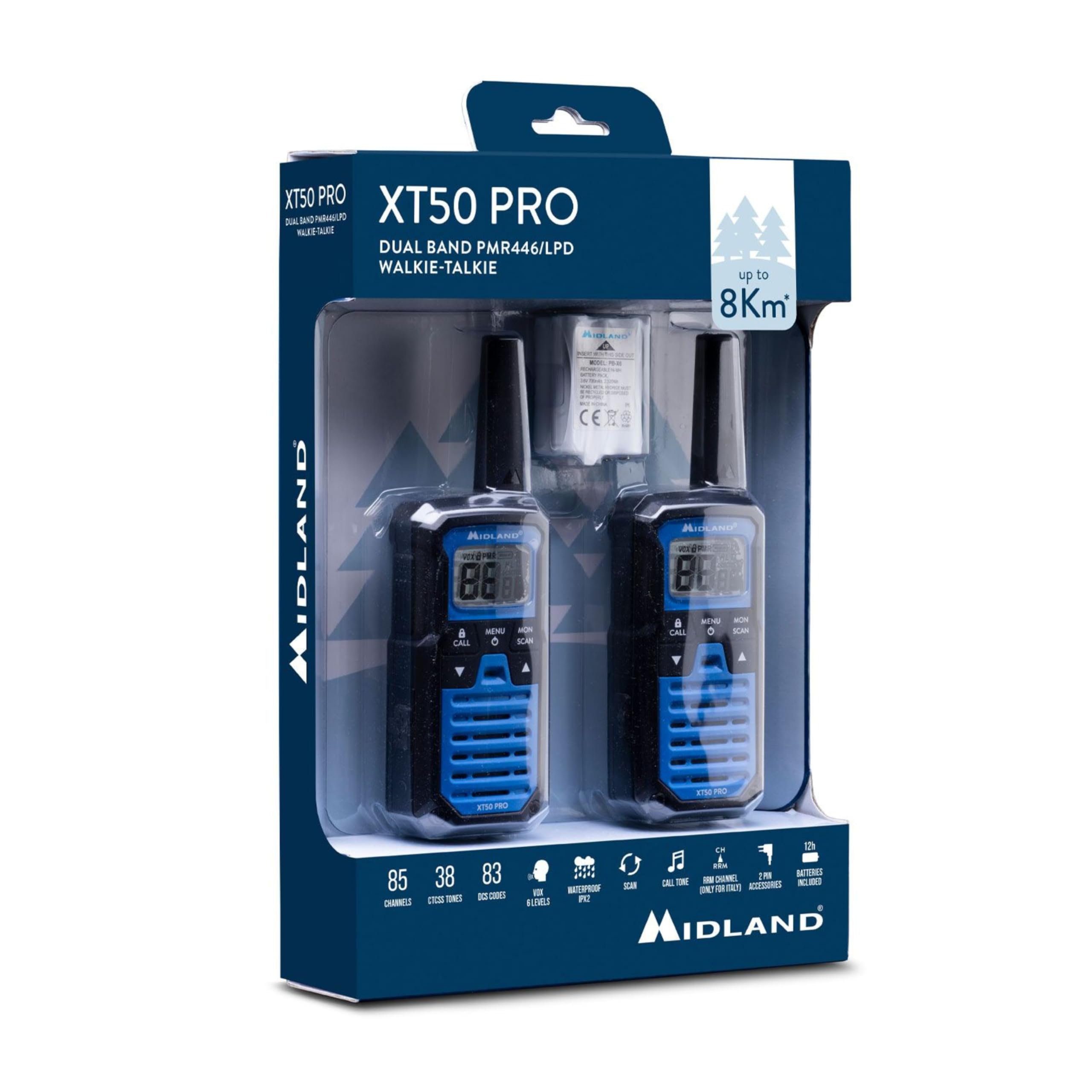 Midland XT50 PRO Doble, Walkie Talkie Profesional de Carga Rápida, 85 Canales PMR446 y Canal RRM, 38 Tonos CTCSS, Resistente al Agua IPX2, Recargable con USB, Alcance de 8 km, Negro/Blanco, 2 Unidades