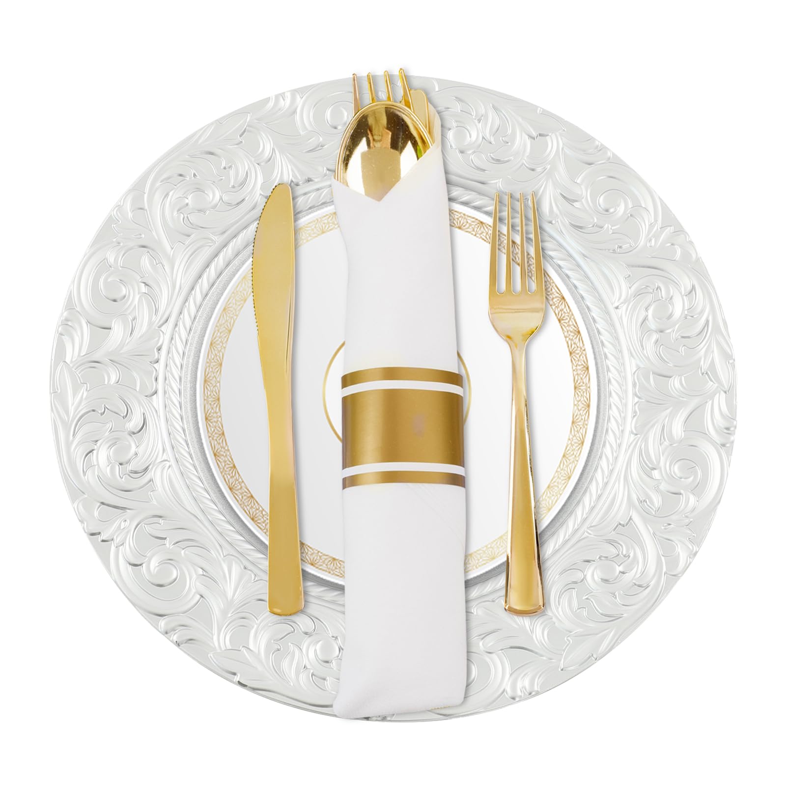 Set di 24 piatti grandi, diametro 33 cm, con bordo decorato, riutilizzabili, per feste, buffet, Natale, matrimoni, catering, grigliate e ristoranti (argento)