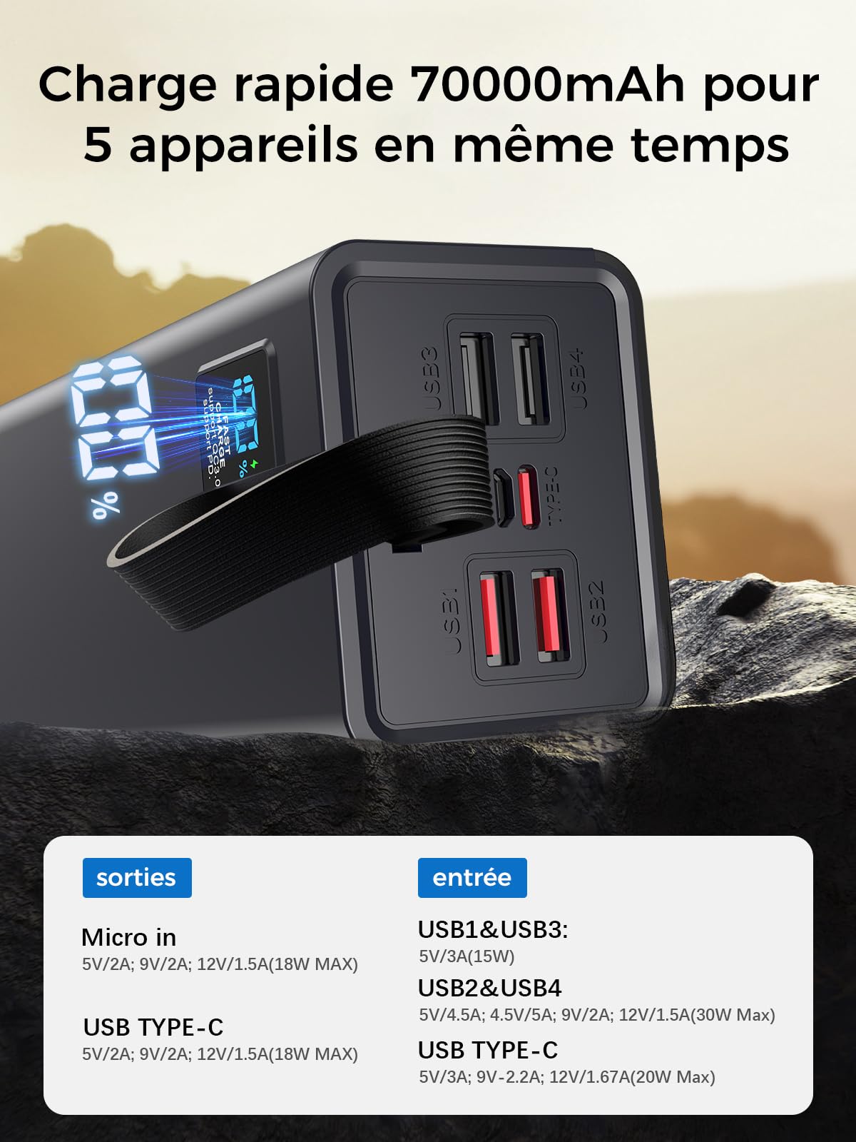 Batterie Externe 70000mAh, Power Bank PD 22.5W & QC 3.0 Charge Rapide avec écran numérique, Chargeur Portable Grande capacité 5 Sorties et 2 entrées, Batterie Externe iphone pour iPhone