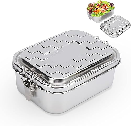 LIZEALUCKY Lonchera de una sola capa para alimentos Bento Box 304 Recipiente de ensalada de acero inoxidable con tapa a prueba de fugas y cerraduras