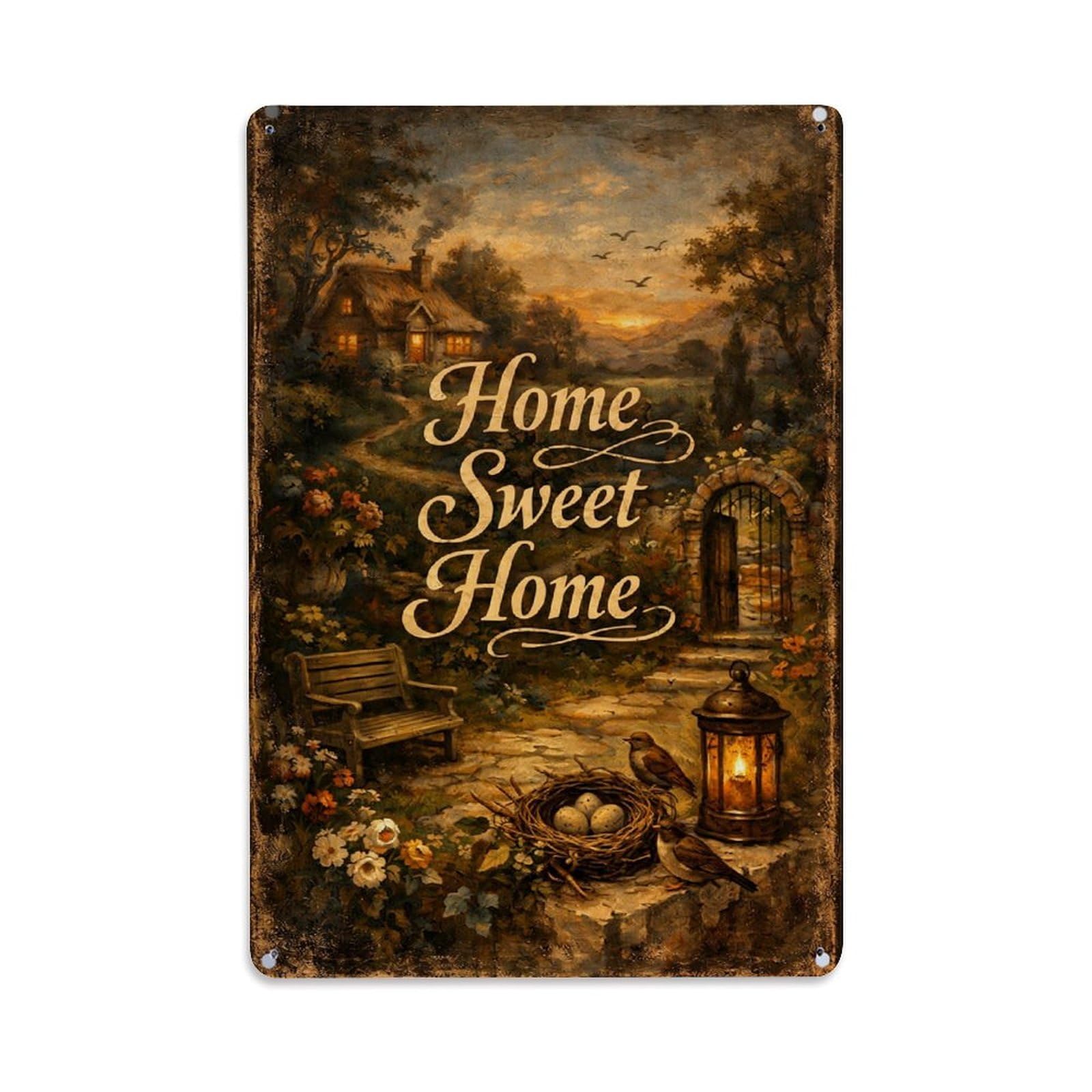 Nestemfo Vintage Home Sweet Home Garden Scene Tin Sign Metal Sign, Living Room,Bar, Home, Bedroom Wall Decor,Retro Metal Poster 8X12 Inches