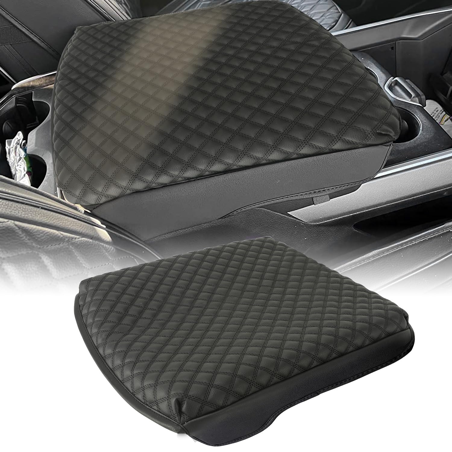 Photo 1 of D-Lumina Center Console Armrest Cover Compatible with 2019 2020 2021 2022 2023 2024 Dodge Ram 1500 2500 3500 W/Bucket Console - Upgraded Black PU Leather Anti-Slip Middle Lid Pad Arm Rest Cushion Black Leather - Fits 2019 - UP Ram 1500