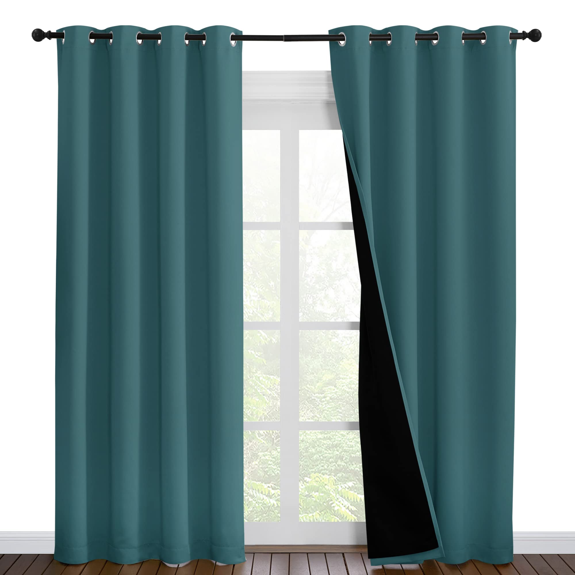 NICETOWN Complete 100% Blackout Curtain Set, Thermal Insulated &amp; Energy Efficiency Window Draperies for Guest Room, Full Shading Panels for Shift Worker and Light Sleepers, Sea Teal, 55W x 86L, 2 PCs