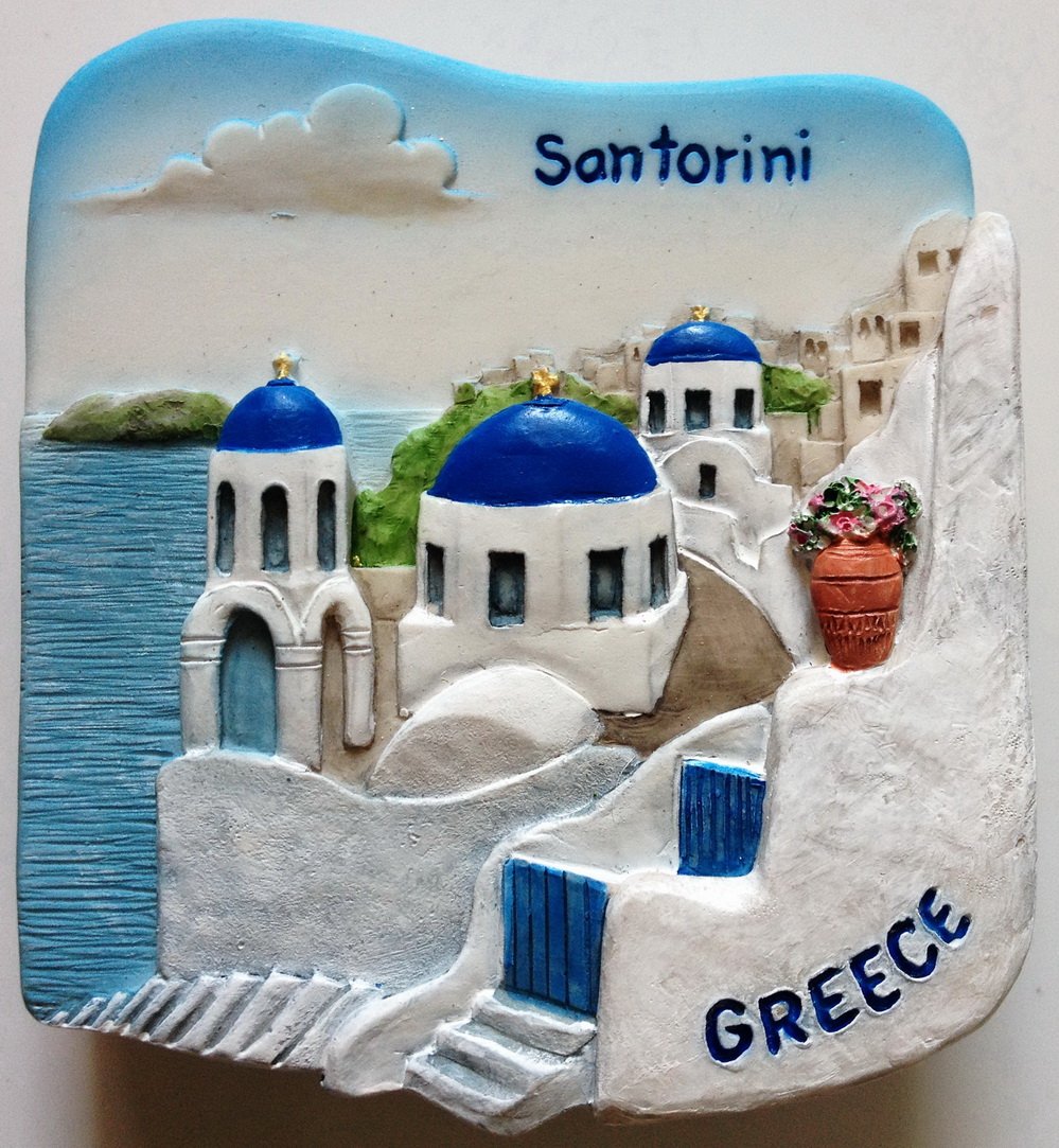 WitnyStore Tiny 2⅜" Santorini Island Greece Magnet - Miniature Hand Made Resin 3D Europe Landmark Tourist Attractions Decorative Refrigerator Fridge Magnets Décor Collectible Traveler Souvenirs Gifts