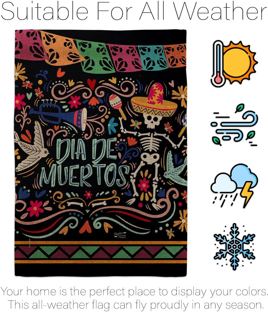 Colorful Dia de Muertos Garden Flag - Fall Day of Dead Los Fiesta Mexican Party Autumntime - House Decoration Banner Small Yard Gift Double-Sided Made in USA 13 X 18.5