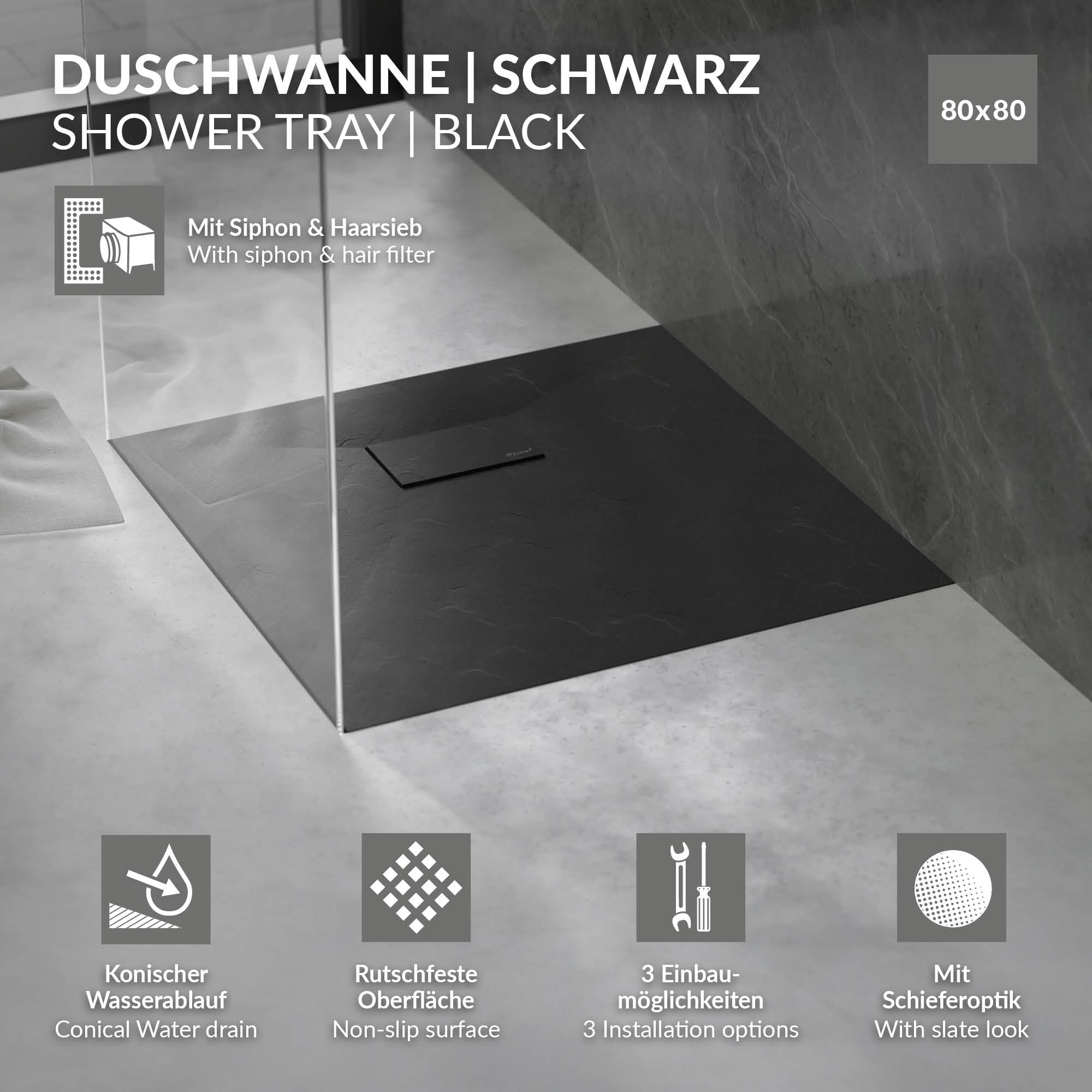 LuxeBath Plato de Ducha 80x80cm Negro, con Juego de Desagüe Base Rectangular con Superficie Antideslizante y Antibacteriano en Aspecto Pizarra Altura 30 mm SMC Extraplano y Robusto, Fácil Instalación