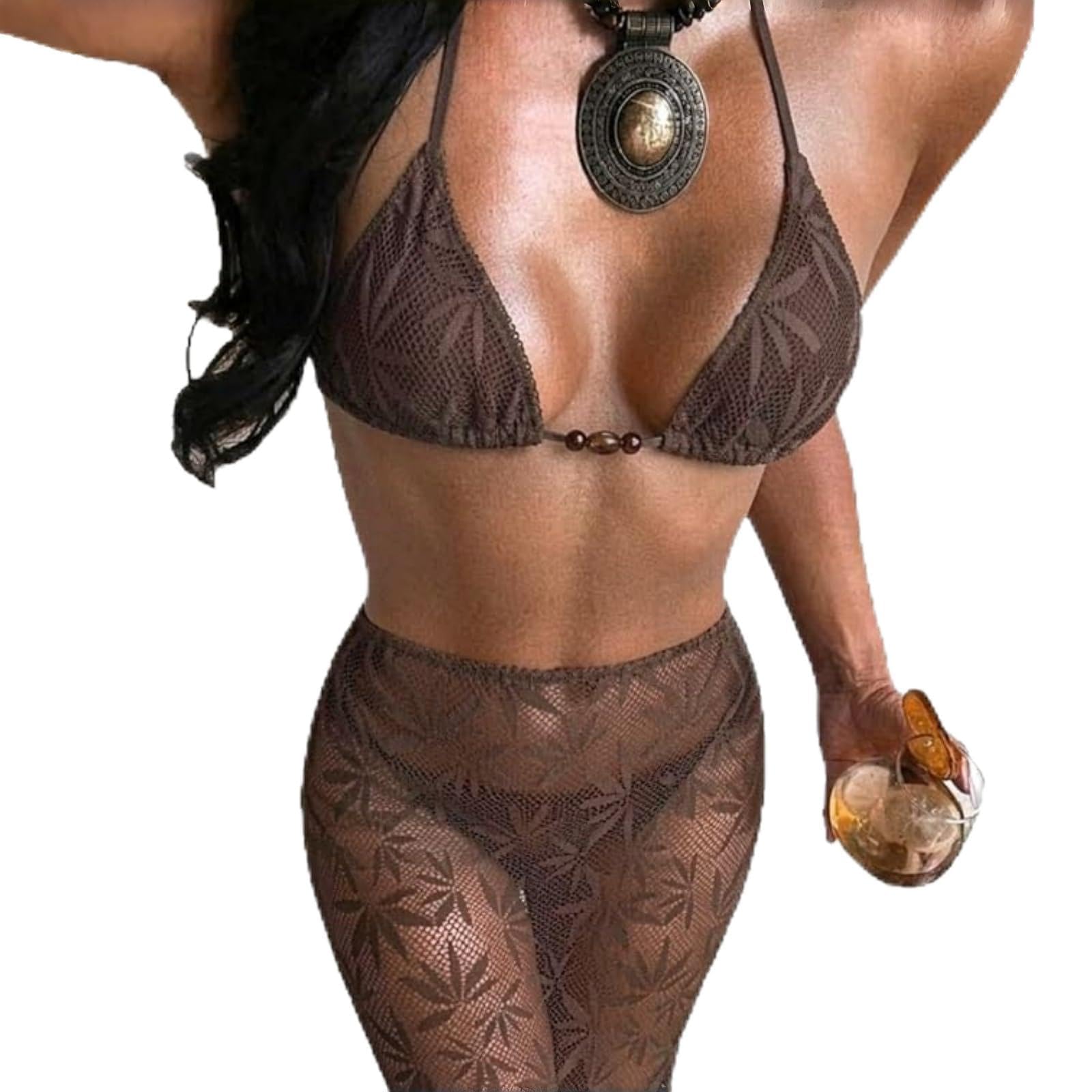 Conjunto de bikini triangular con falda de punto abierto suave 8