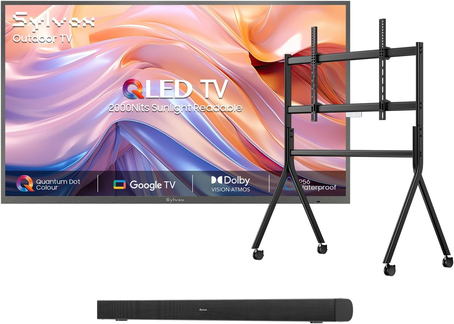 SYLVOX Outdoor TV with Rolling Stand & Soundbar, 75 inch Smart QLED TV, 2000 Nit Full Sun, Weatherproof, 4K UHD, IP56 Waterproof, Commercial Grade (2026 Model)