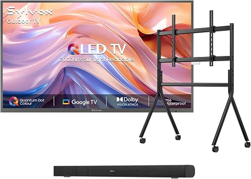 SYLVOX Outdoor TV with Rolling Stand & Soundbar, 75 inch Smart QLED TV, 2000 Nit Full Sun, Weatherproof, 4K UHD, IP56 Waterproof, Commercial Grade 2026 Model