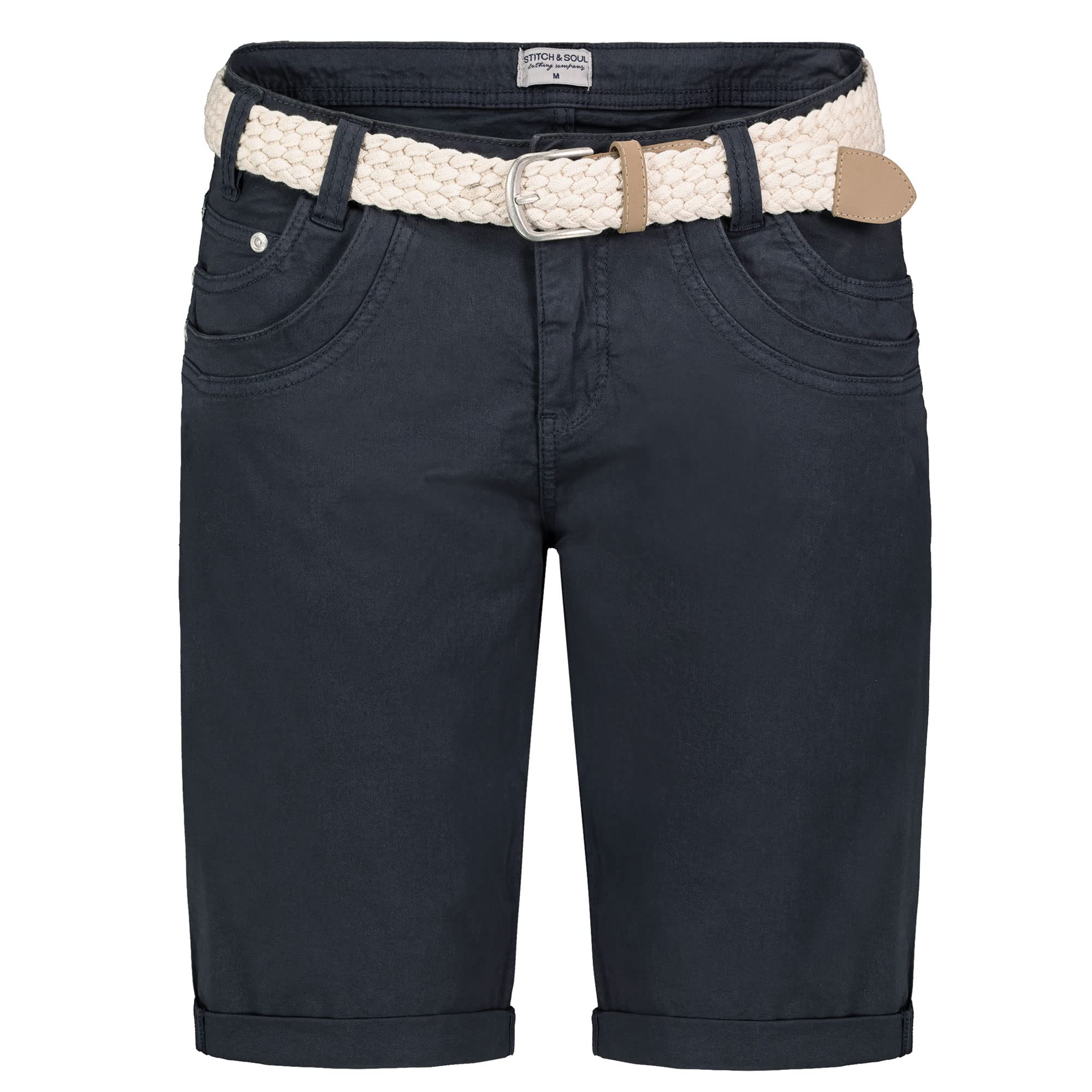 Sublevel Damen Denim Bermuda Chino Stretch Shorts mit Aufschlag Bequeme Kurze Hose im Used Look