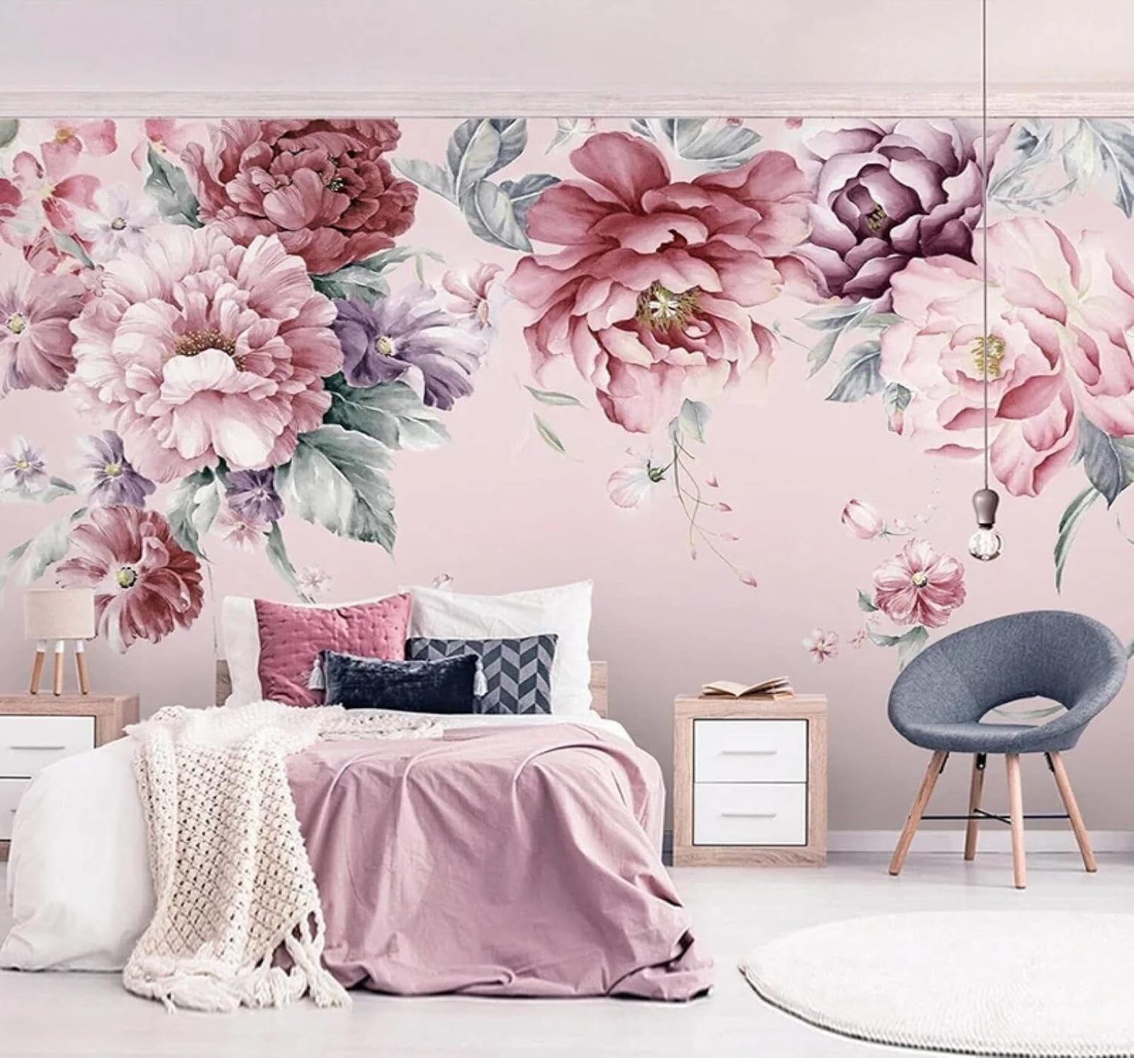 Tzxztt Elegant Watercolour Pink Flowers Pastoral Style Modern 3D Wallpaper Premium Textured Silk Neutral Tones Material Ideal for Living Room Bedroom-400cm×280cm