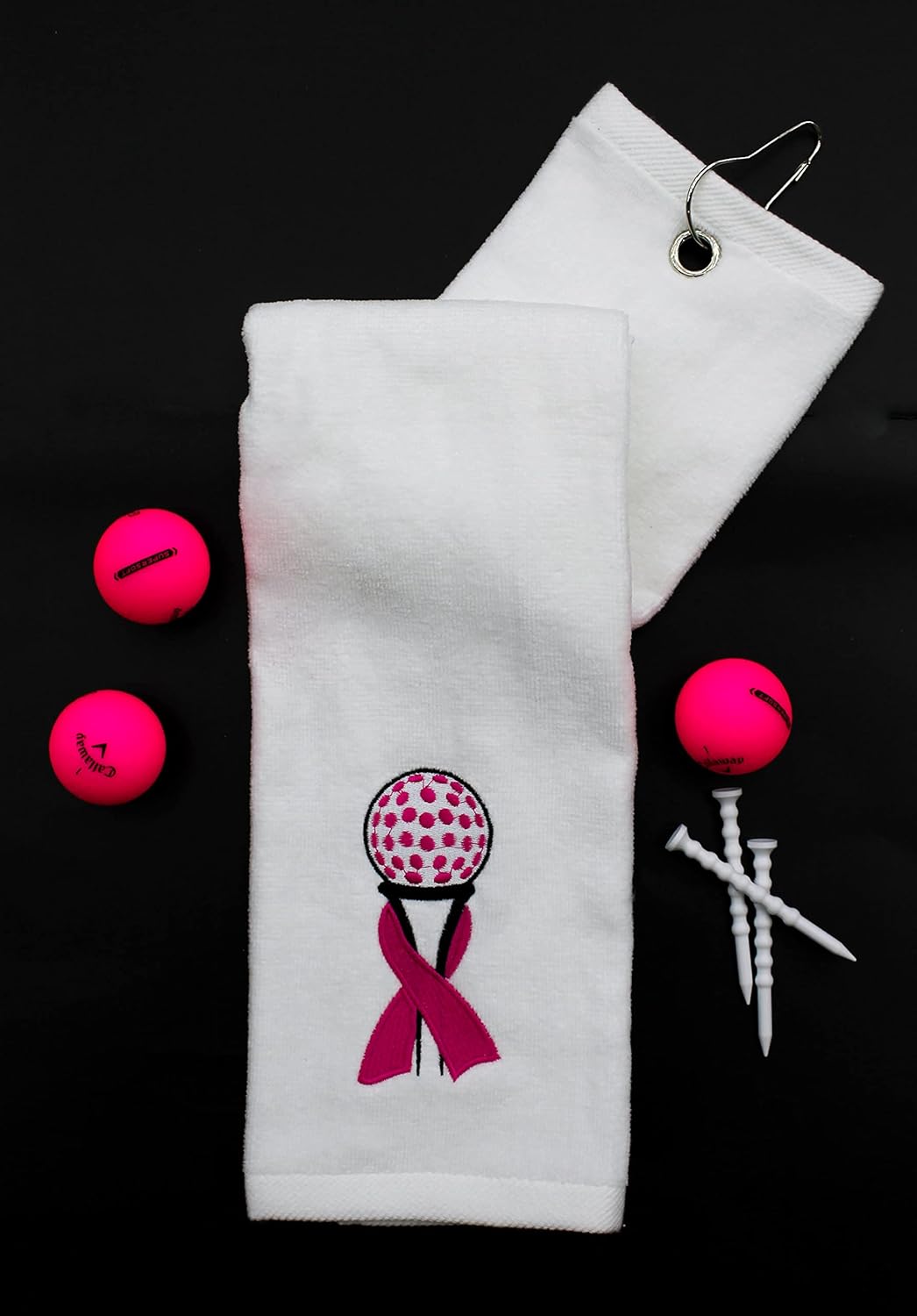 Mulligan | Funny Golf Towel for Men or Woman Golfer Gifts - Embroidered Tri-fold Golf Towel for Golf Bags, Golf Accessories, Novelty | Pink Ribbon