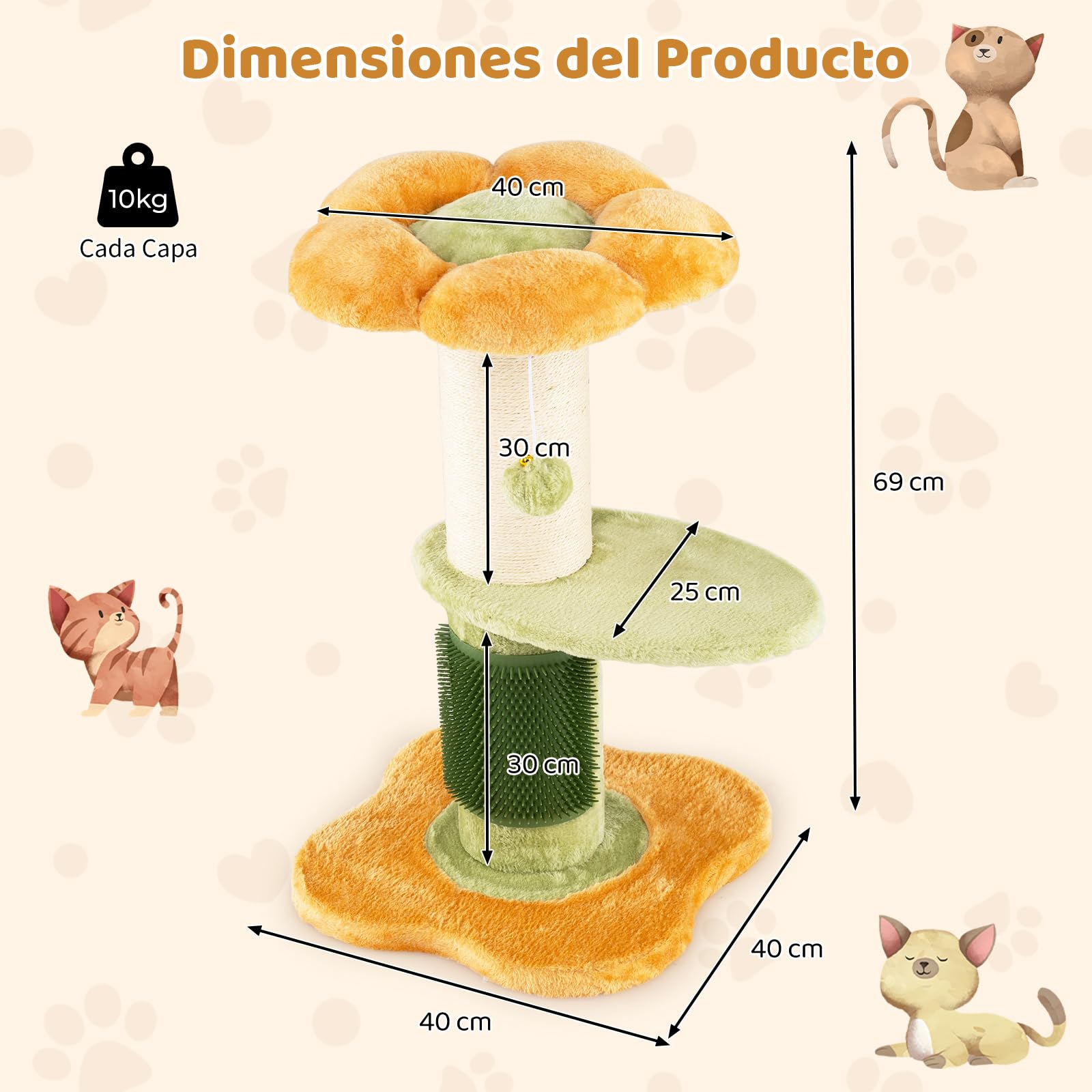 COSTWAY Árbol Rascador para Gatos 60cm, Diseño Flores, Torre Pequeña para Gatitos con Cama Acolchada de Tela Plush, Poste Rascador de Sisal, Bola Colgante, Árbol Pequño para Gatos, Interior (Amarillo)