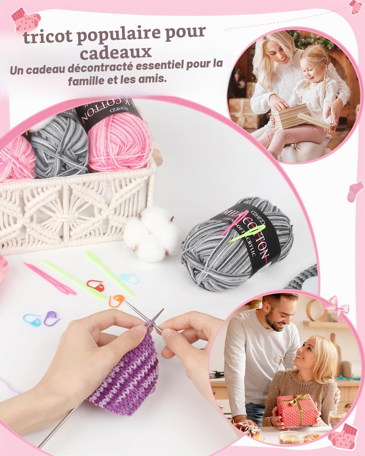 Katech Kit Tricot Débutant - Laine, Aiguilles à Tricoter 25cm en Bambou et Métal, Kit Adulte Chaussettes, Livre en Anglais - Gris Rose