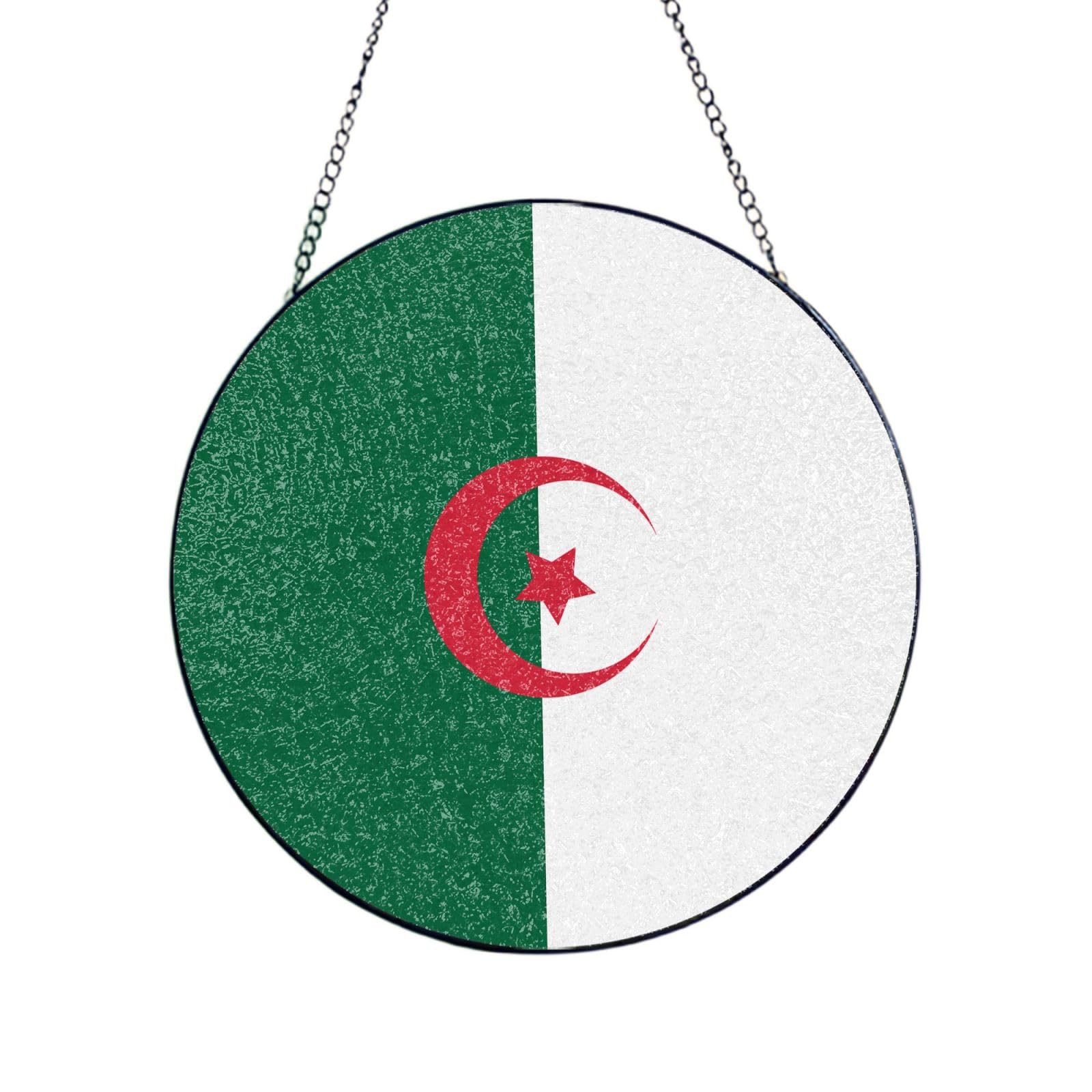Poezjzw Stained Glass Window Hanging - Flag Of Algeria Sun Catcher For Door Garden Home Decor Christmas Mother'S Day Birthday Gifts 10in（25cm）