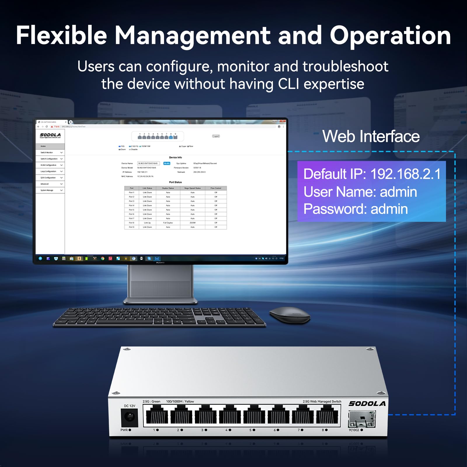 SODOLA 8-Port 2,5Gb Web Managed Switch,8X2.5G Base-T&1X10G SFP+ | Aluminium-Kühlung & Magnetfüßen – LACP/QoS/VLAN/IGMP Verwaltbarer Multi-Gigabit Switch für Homelab & Professionelle Netzwerke
