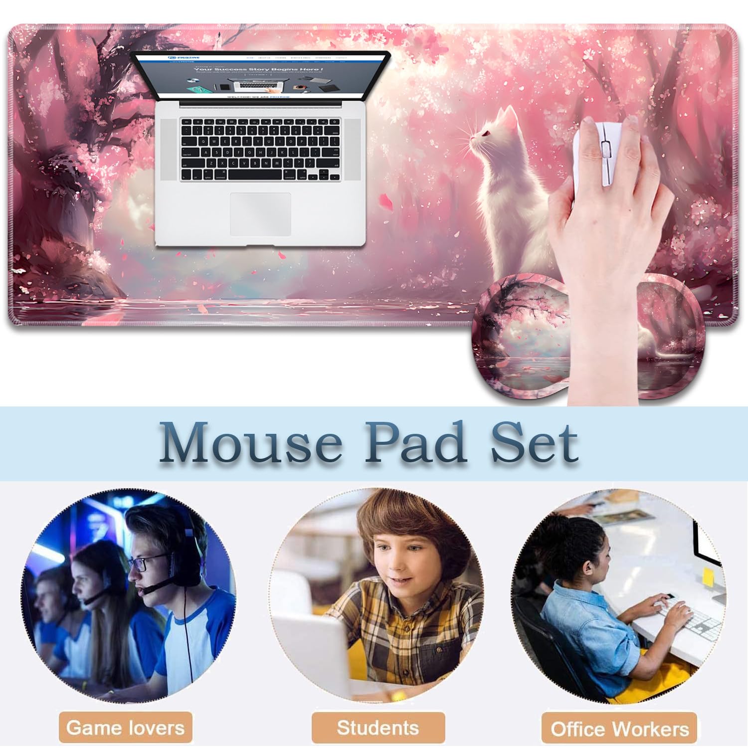 Lot de 3 tapis de souris en forme de chat avec support de poignet et porte-gobelet, avec bord imperméable et antidérapant, convient pour le bureau et la maison.