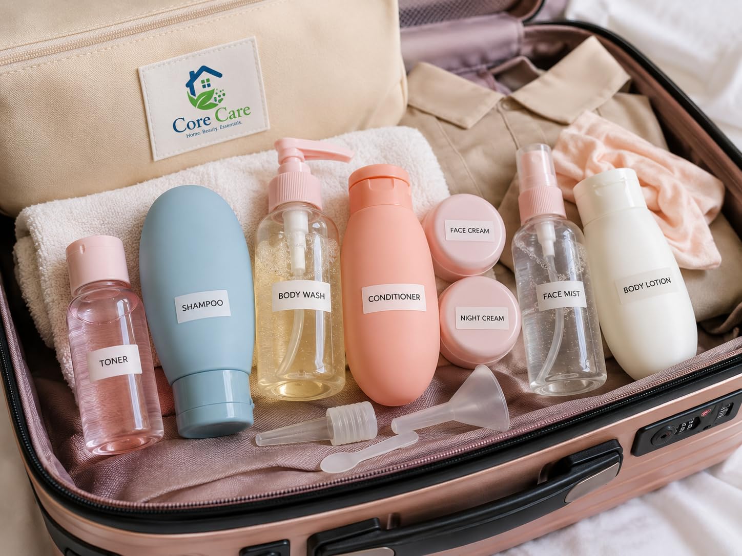 Core Care Travel Bottles Set with Silicone and Spray Containers | Refillable Bottles, TSA-Friendly Size, Includes Pump & Mist, Leak-Proof Design, Toiletry Organiser-image-1