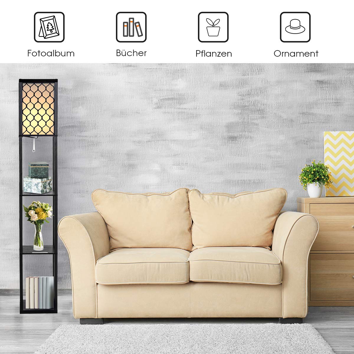 COSTWAY Stehlampe Wohnzimmer 160cm, E27, Max. 40W, 3 Ebenen Stehleuchte mit Zugkette, Standleuchte Holz, Holzregal Innenbeleuchtung für Wohnzimmer & Schlafzimmer, Schwarzes