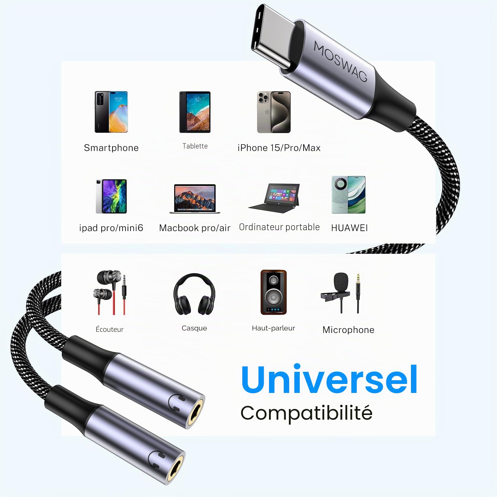 MOSWAG Adaptateur USB C vers Jack 3,5 mm, Adaptateur Double Jack USB C, Splitter Type C vers 3.5mm Écouteur Câble Compatible avec Pixel 7 6 Pro 5, Galaxy S23 S22 S21, 16 Pro Max/16 Pro