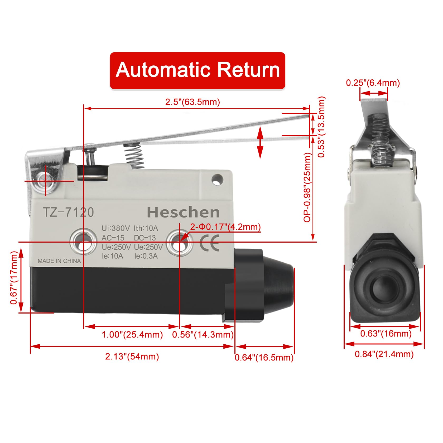 Heschen Endschalter TZ-7120 – Scharnierhebel, 1-polig, 10A / 380V, IP54 – Für Stellantriebe Und Industrielle Steuerungen