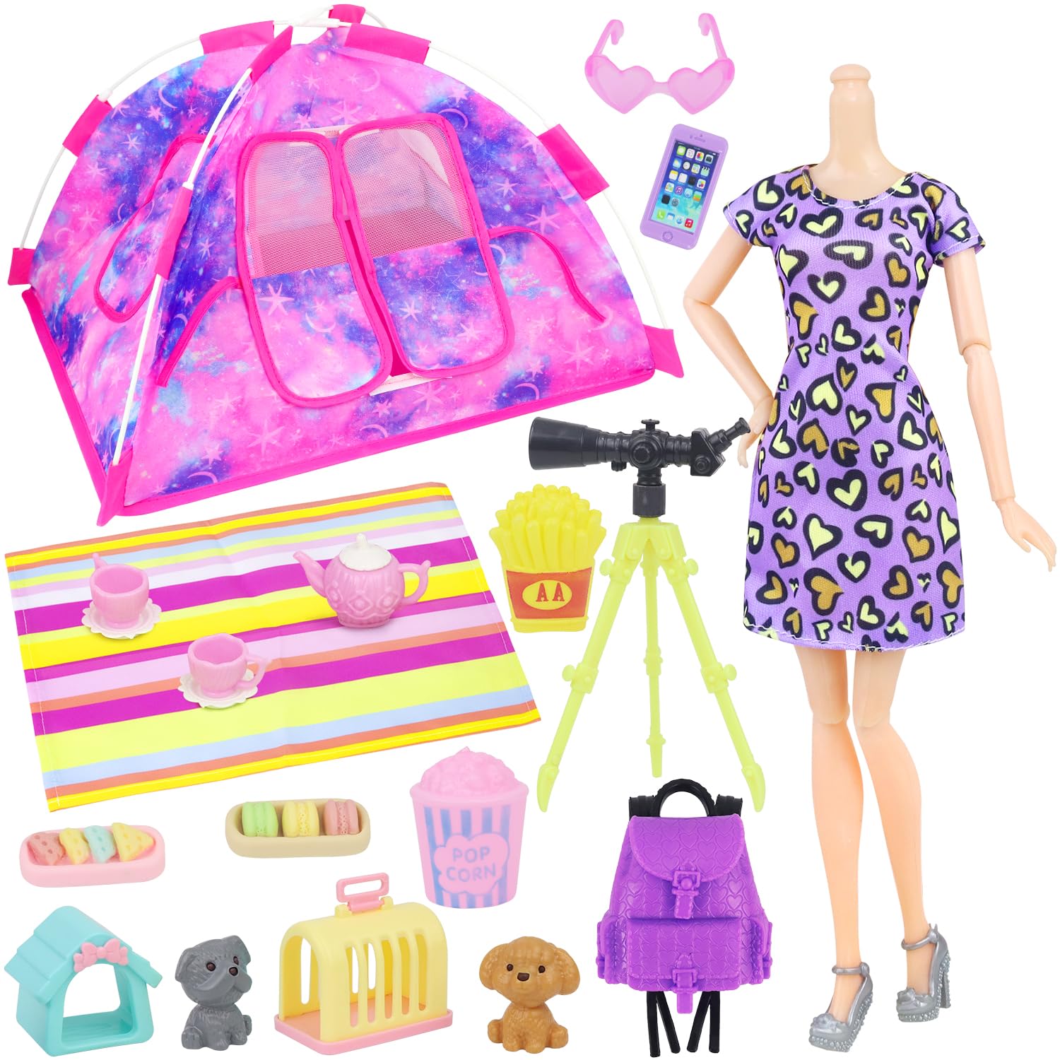 K.T. Fancy 18 PCS Girl Doll Travel Camping Tent Set and Accessories for 11.5 Inch Includes Tent, Clothes, Backpack, Toy Dog, Placemat, Toy Phone, Glasses (Doll NOT Included)
