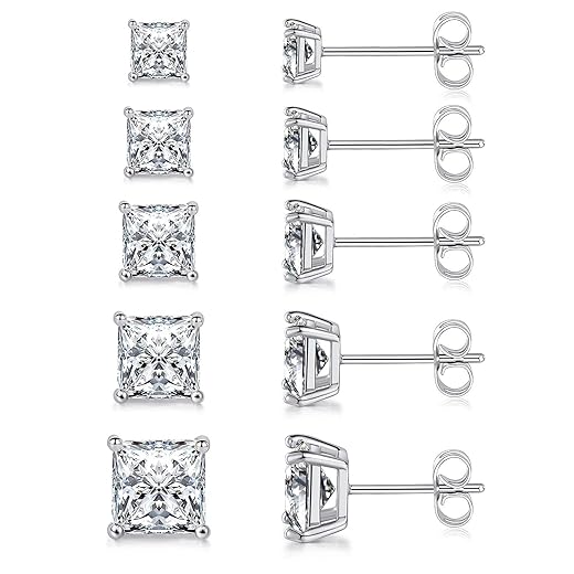 MDFUN 18K White Gold Plated Princess Cut Square Clear Cubic Zirconia Stud Earring Pack of 5 Pairs