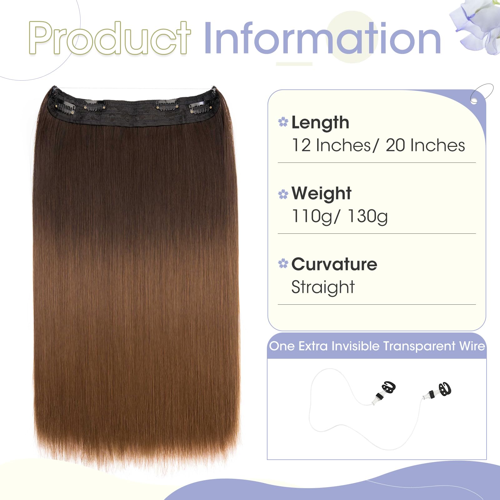 TESS Secret Wire Hair Extension Invisible One Piece Synthetic Hair Extensions Straight Full Thick Long Adjustable Hairpieces for Women (Medium Brown With Golden Blonde - Image 2