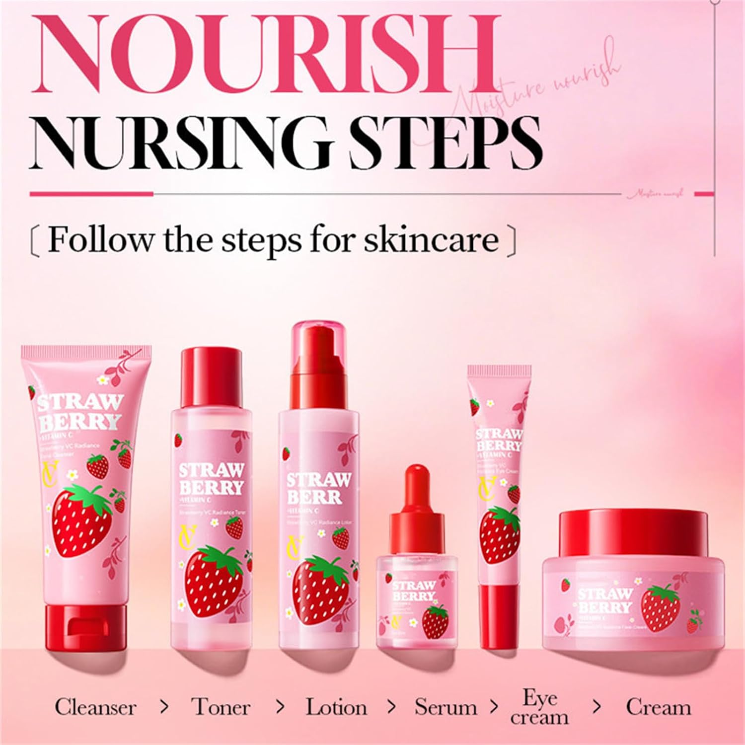 Strawberry Skincare Set 6 PCS Hydrating Face Care Kit with Cleanser Toner Serum Cream Eye Cream Lotion, Collagen Hyaluronic Acid Routine Set, Skincare Gift Set for Teen Girls & Young Women