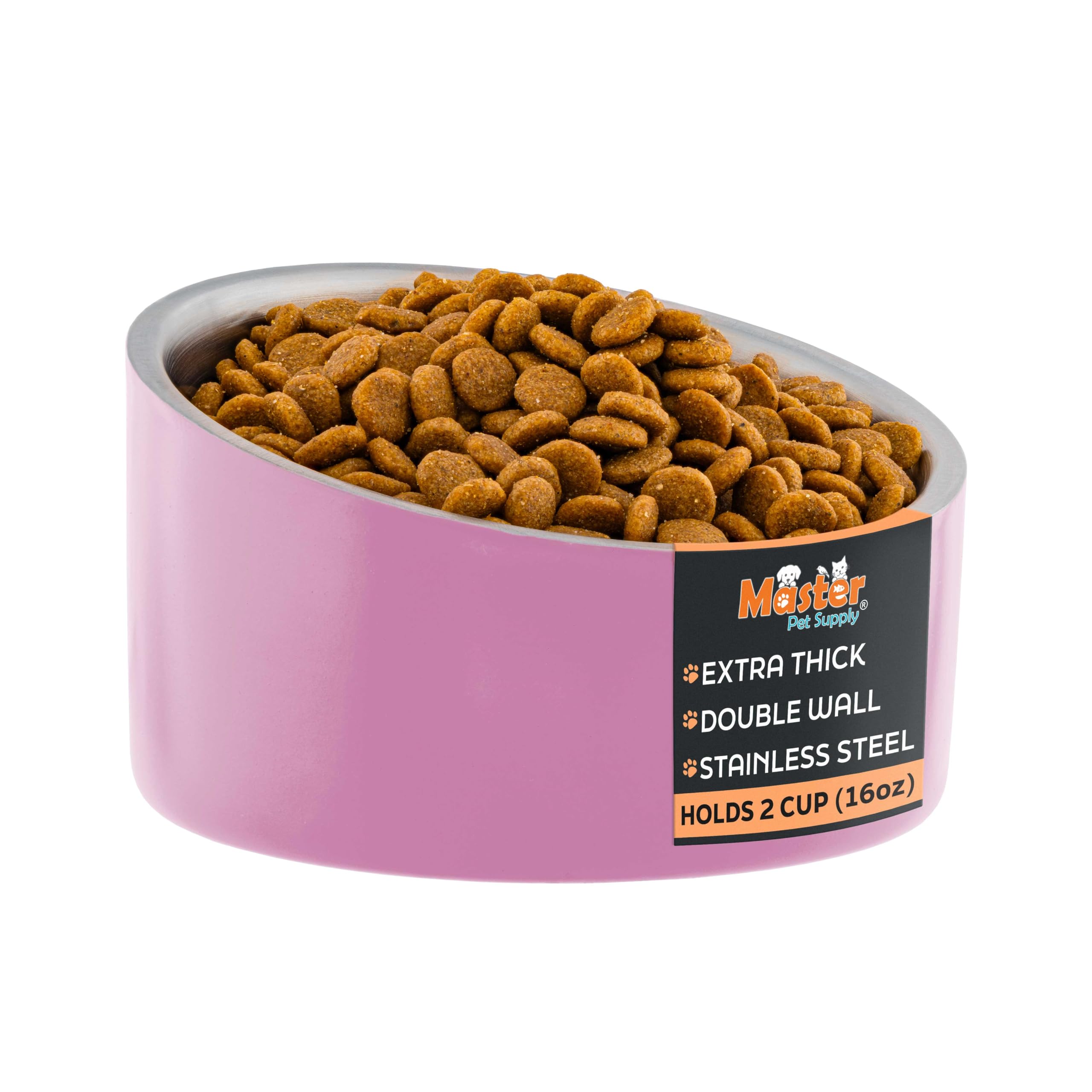 Master Pet Supply Stainless Steel Slanted Dog Cat Food Bowl - 16 oz Heavy Duty - Hyper Pink, Double Wall Insulated, Non-Slip Elevated Bowl for French Bulldogs Pugs Cats, Anti Rust Dishwasher Safe