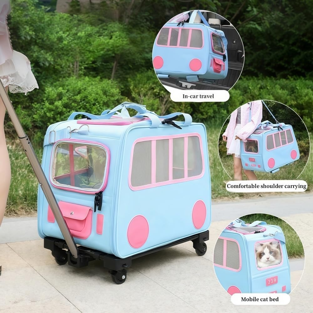 2-in-1 Rolling Cat Carrier with Divider, Soft-Sided Pet Travel Bag with Wheels and Shoulder Strap for Two Pets(Green)