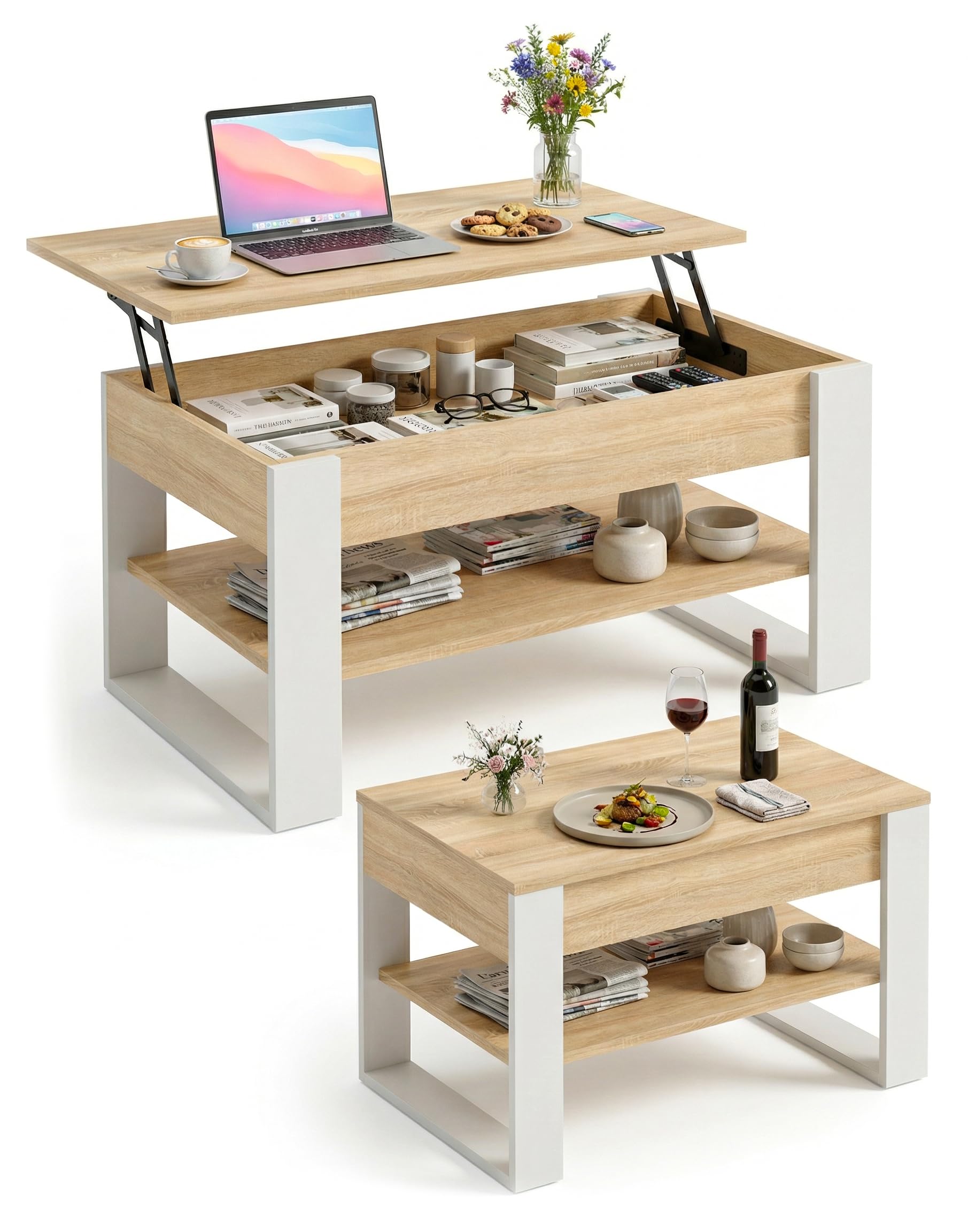 CraftPAK Mesa de Centro elevable con Almacenamiento – Mesa de Centro Plegable – Mesa de salón Ajustable en Altura – Coffee Table – Mesa de salón de Madera Color Blanco